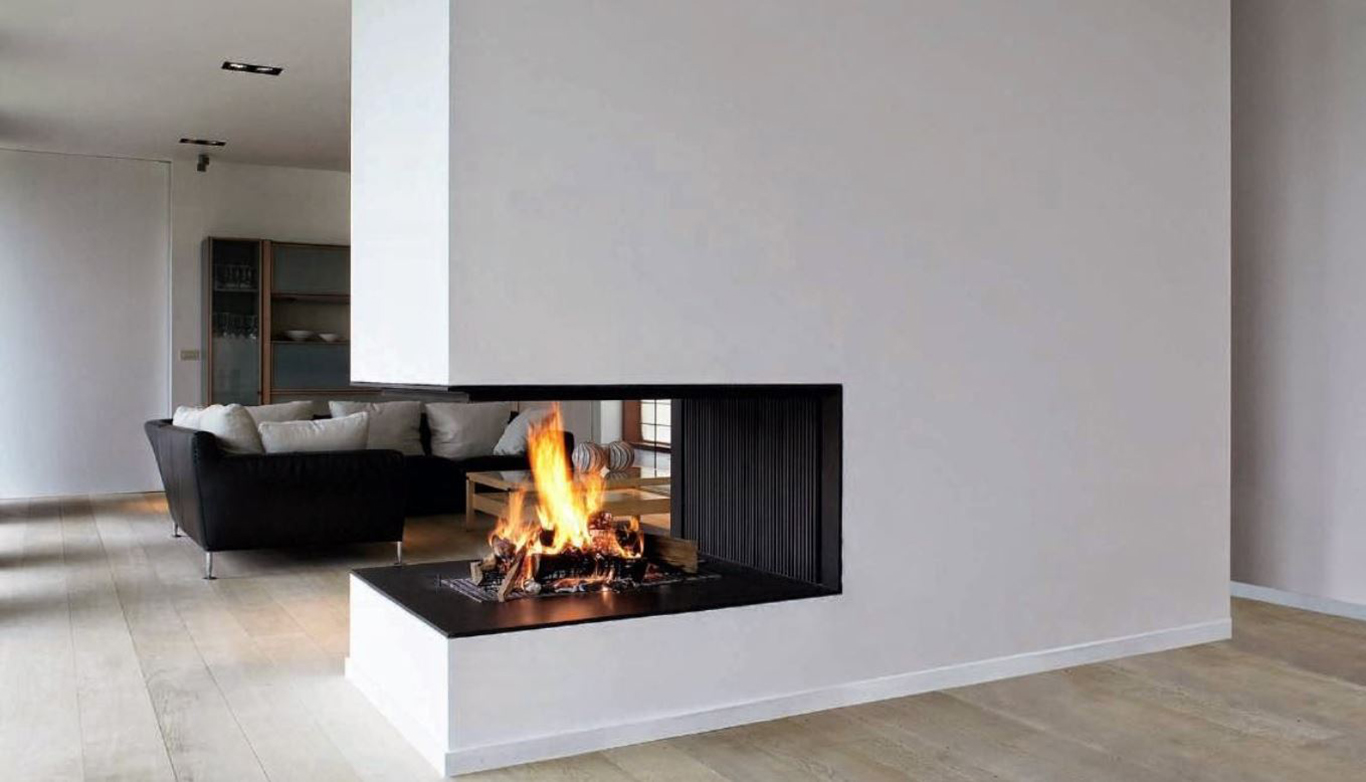 Gypsum-based partition with a unique fireplace set in between.
