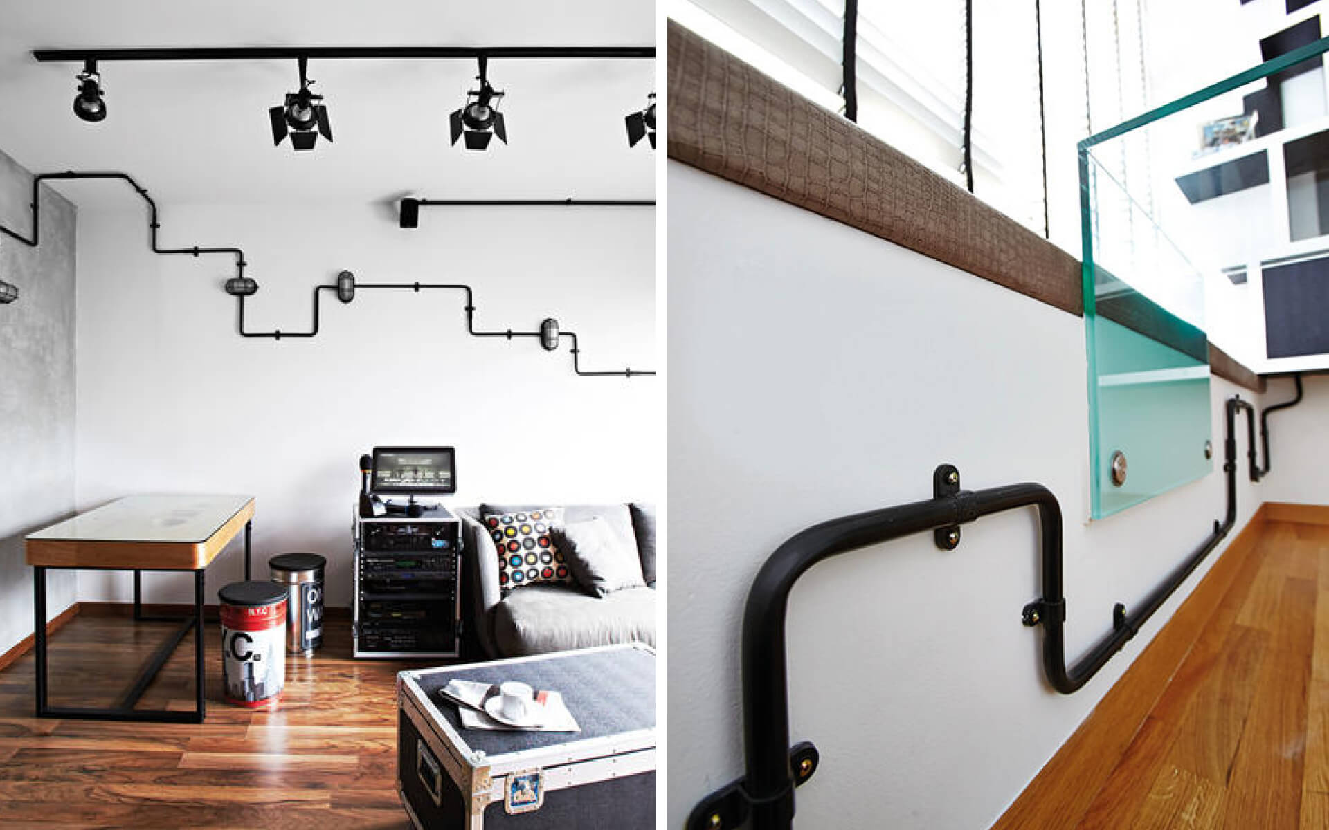 Exposed wires act as wall decorations in a living room.