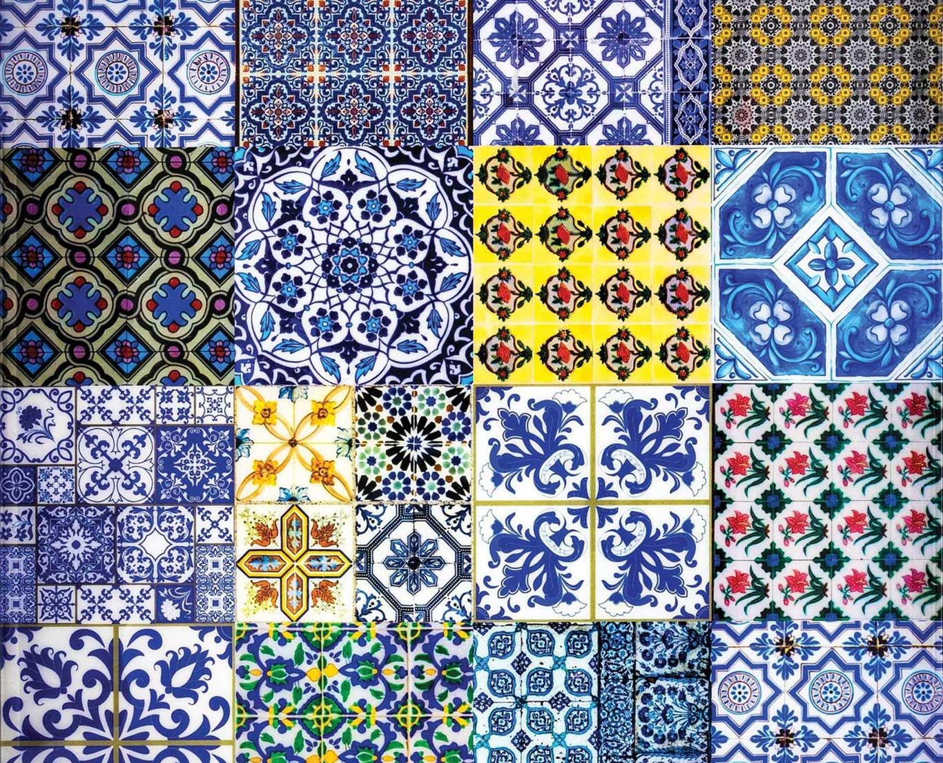 Intricate Peranakan vector tiles with blue and yellow designs.