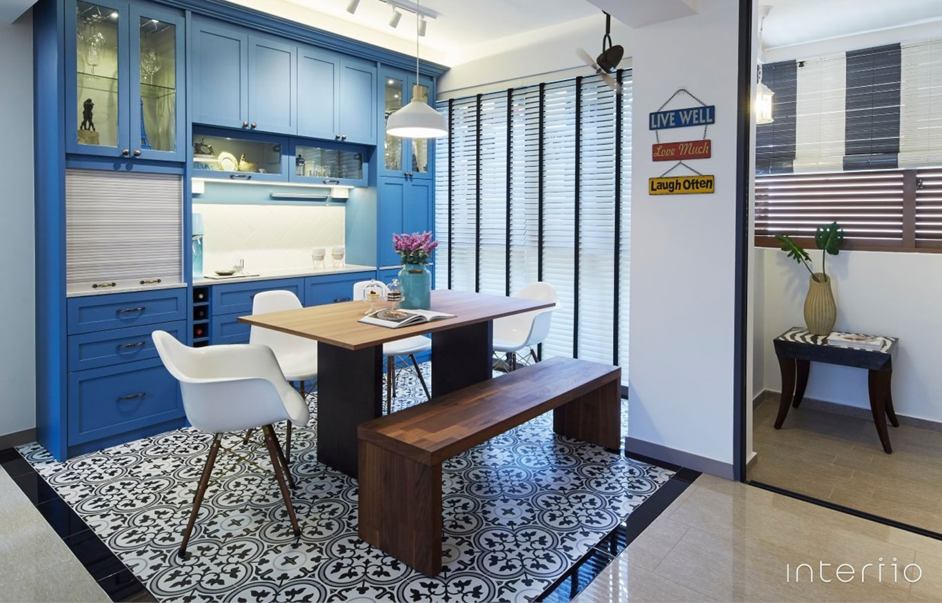 Modern Peranakan kitchen in unique teal and intricate designs.