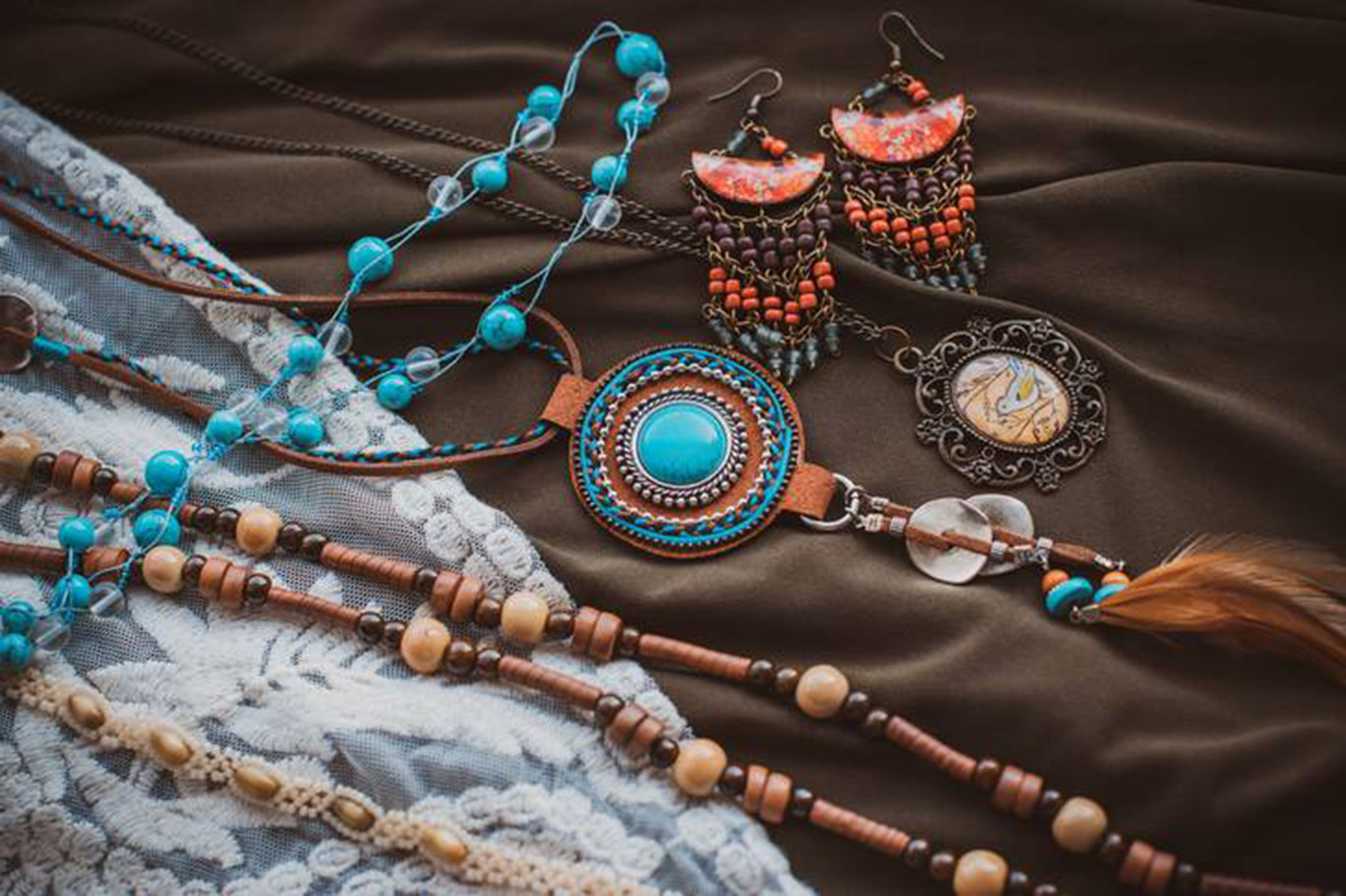 Multi-colored bohemian and hippie accessories.