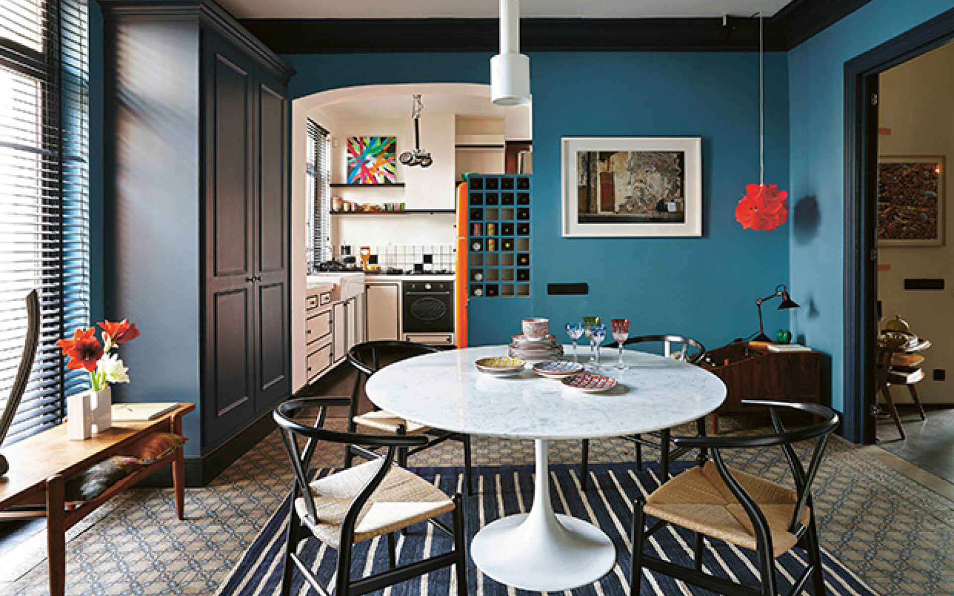 Electic style kitchen with fun designs and bold colors.
