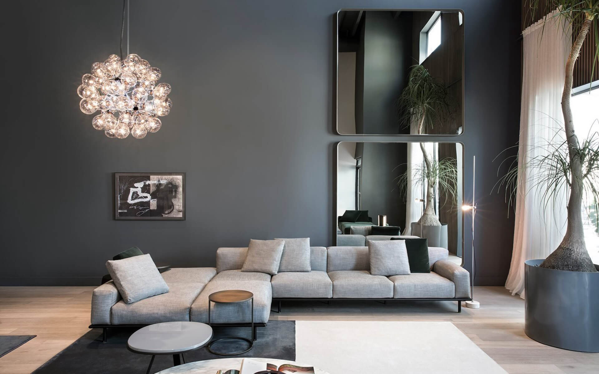 Contemporary living room in a monochrome design.