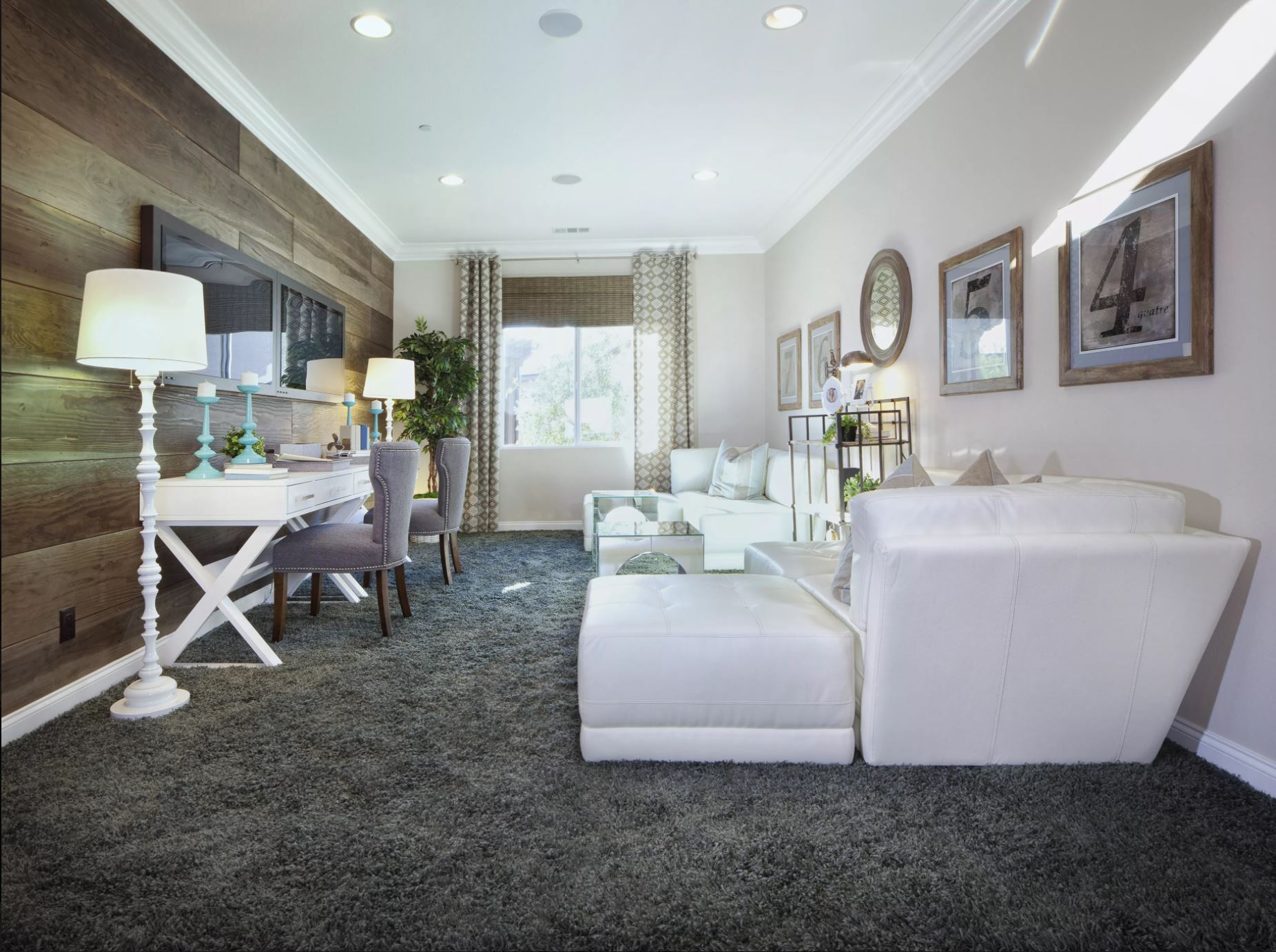 Carpet flooring lends visual accent to a Contemporary interior