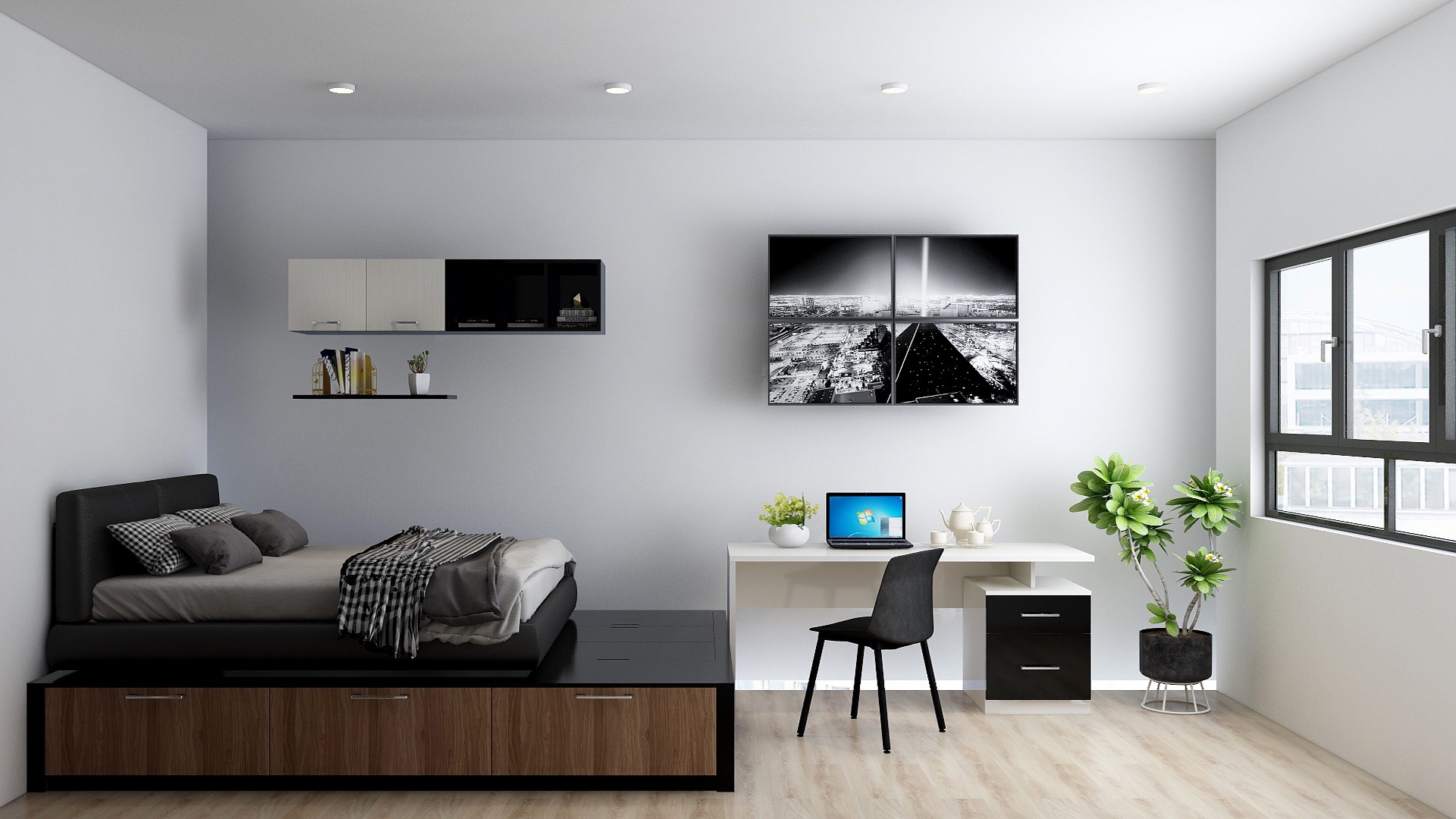 Space-saving platform bed in a Contemporary bedroom interior