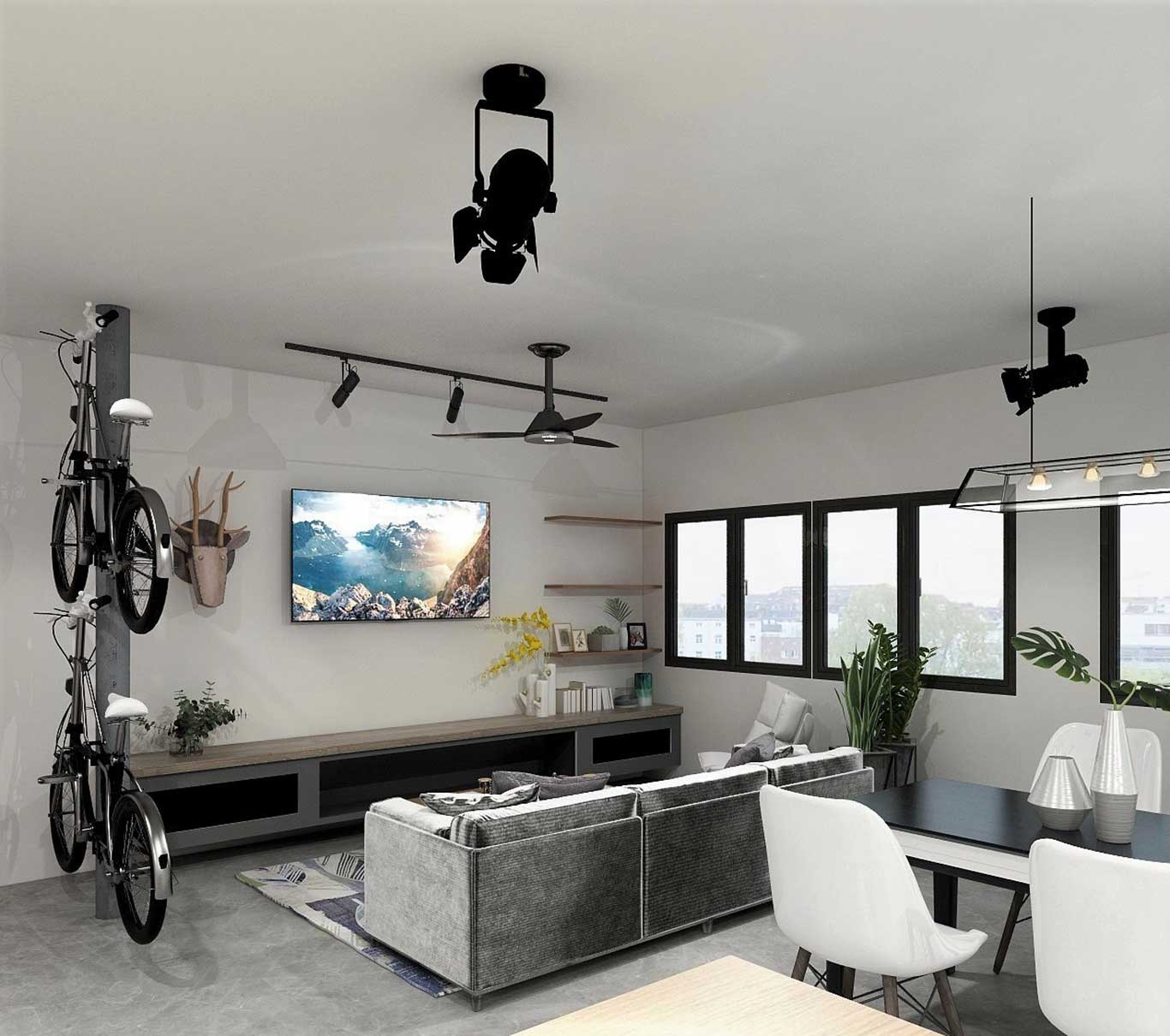 Track lights encased in black metallic accents hanged up in the living room of an Industrial interior design