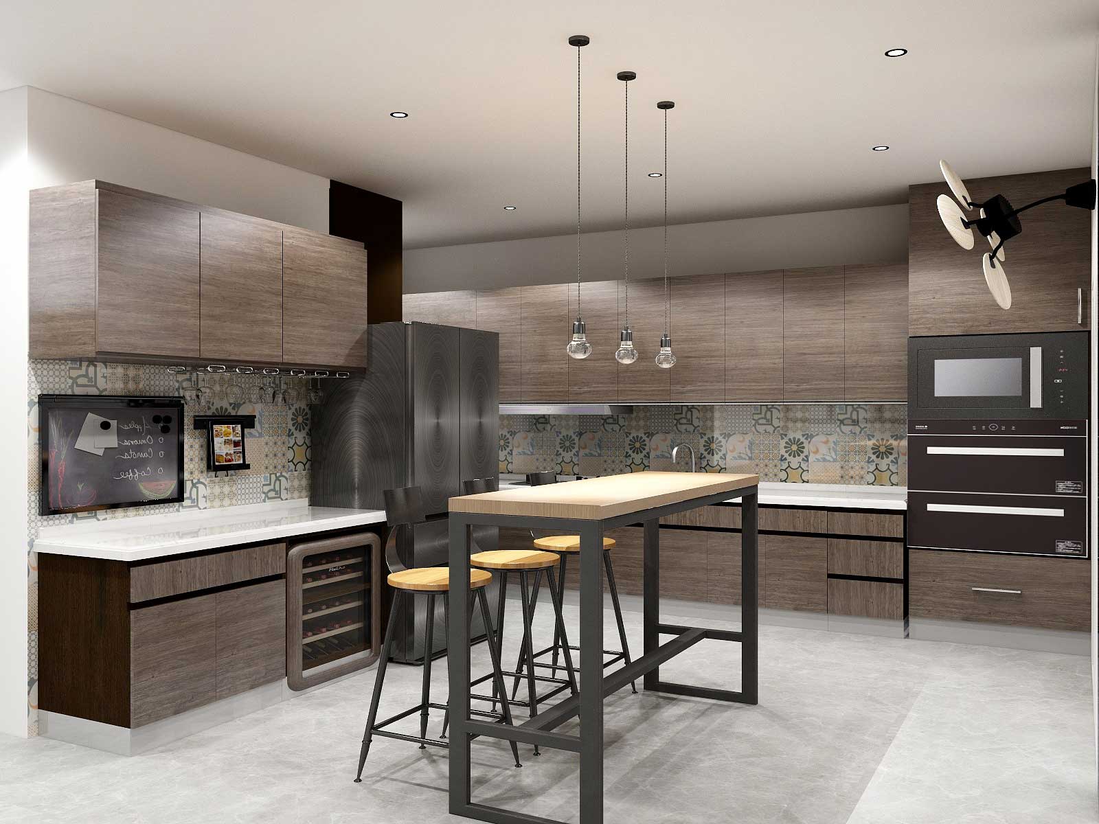 Open-concept Industrial kitchen with dark grain pattern wood cabinets, white marble countertop, and recessed lighting