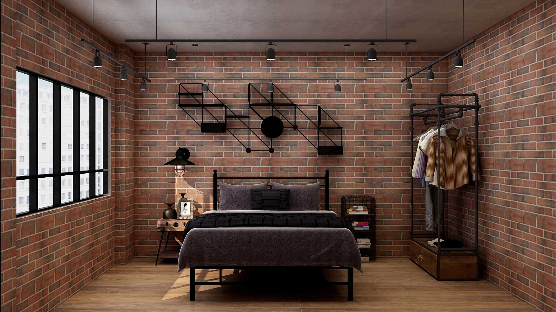 Industrial bedroom fully enclosed in brick walls, black track lights, and garment rack made of rustic metal pipes