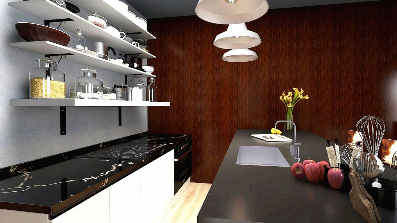 Kitchen countertop in black marbled-stone contrast against white-grained backsplash tiles