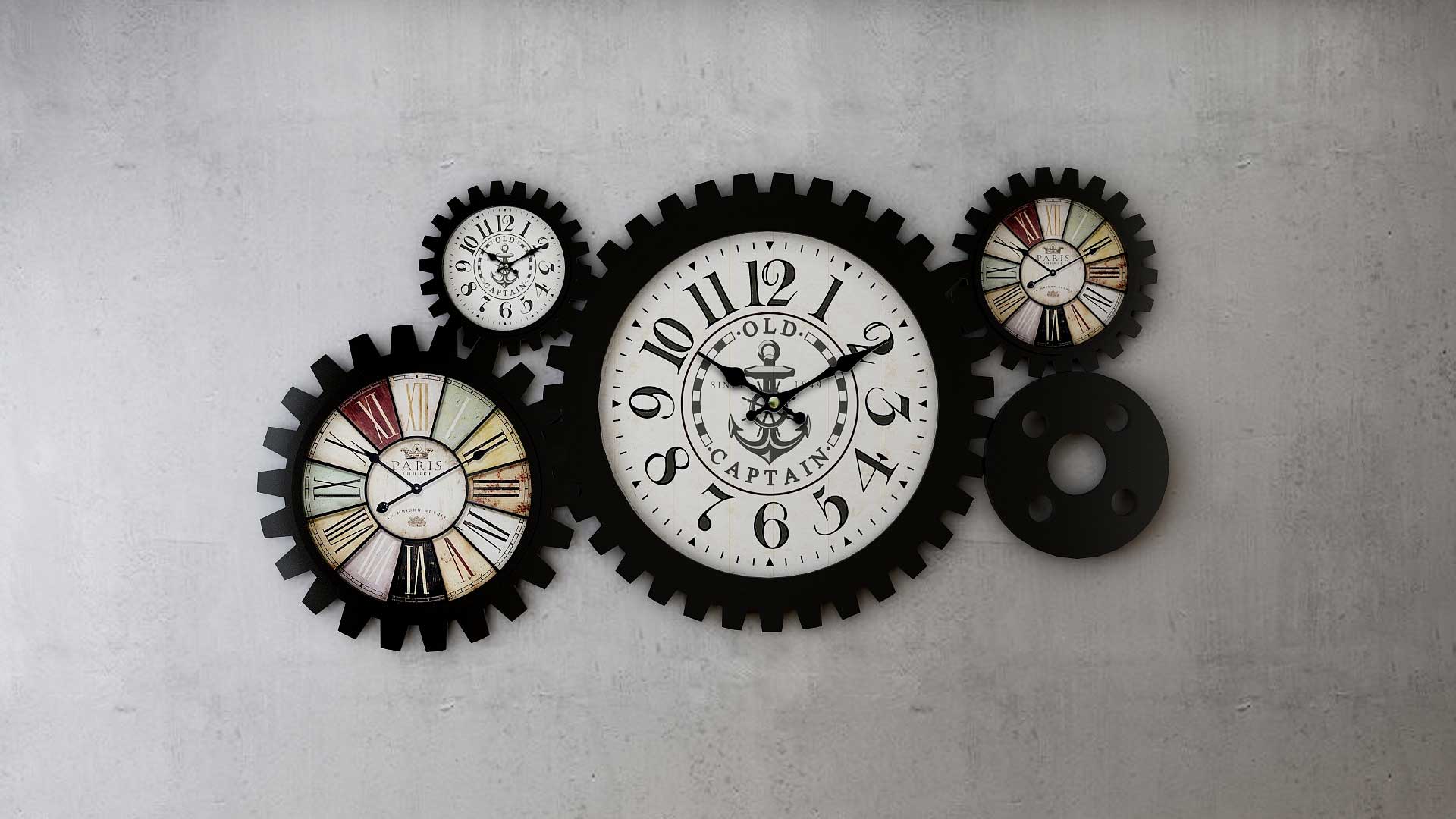 Roman numerals in a vintage wall clock framed in metallic black gear tool