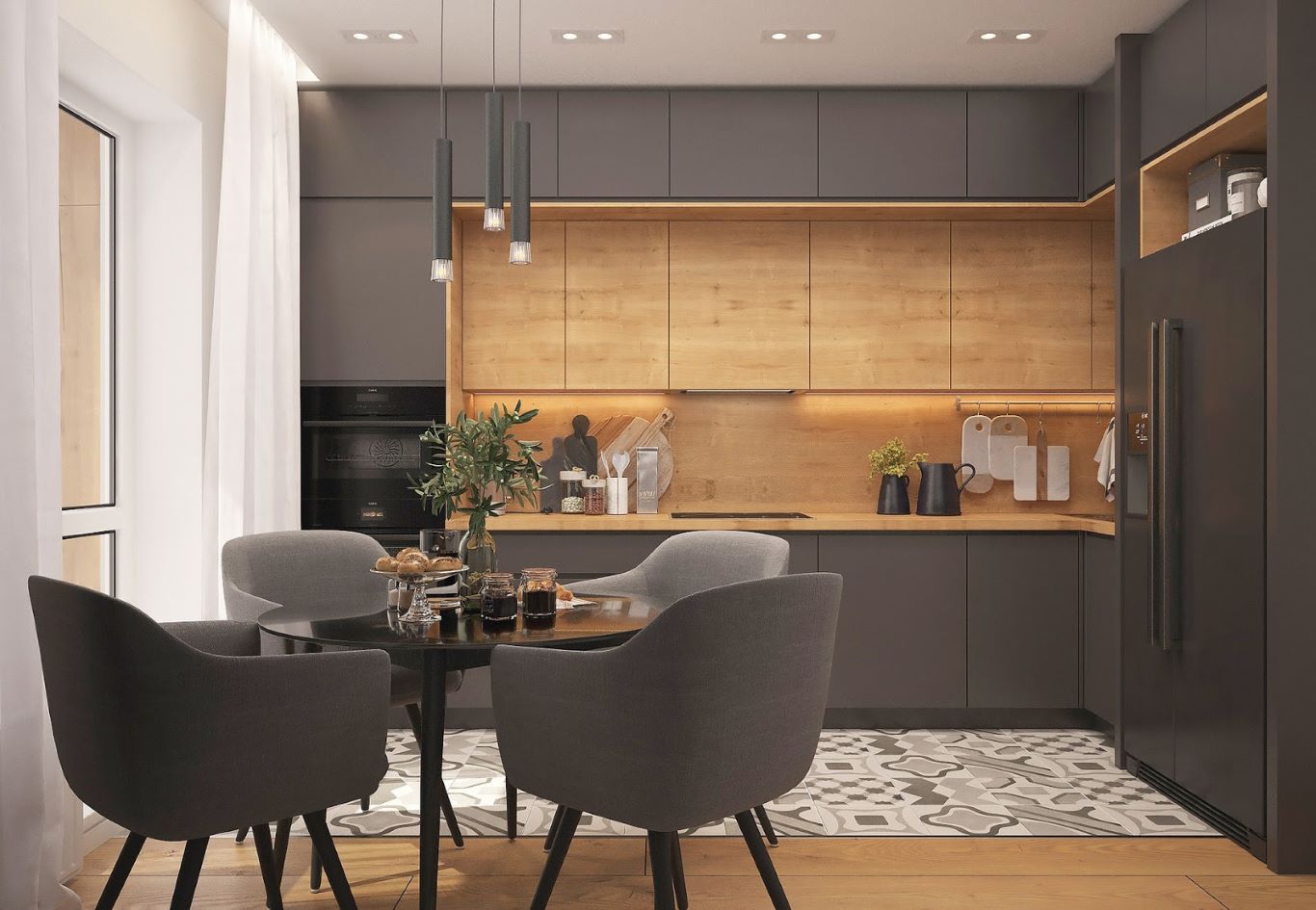 Light wood accent leveled through various heights in the kitchen space against a predominant gray cabinetry