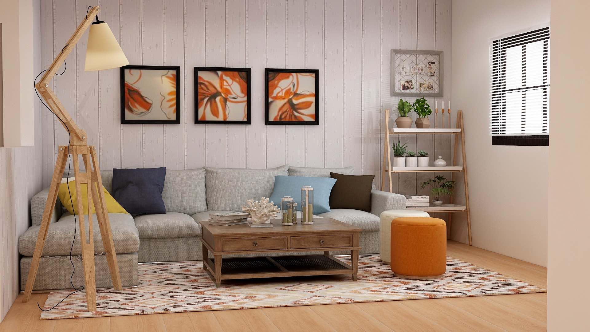 Mid-Century Modern living room with gray sofa, patterned rug, wooden furniture, and parquet flooring