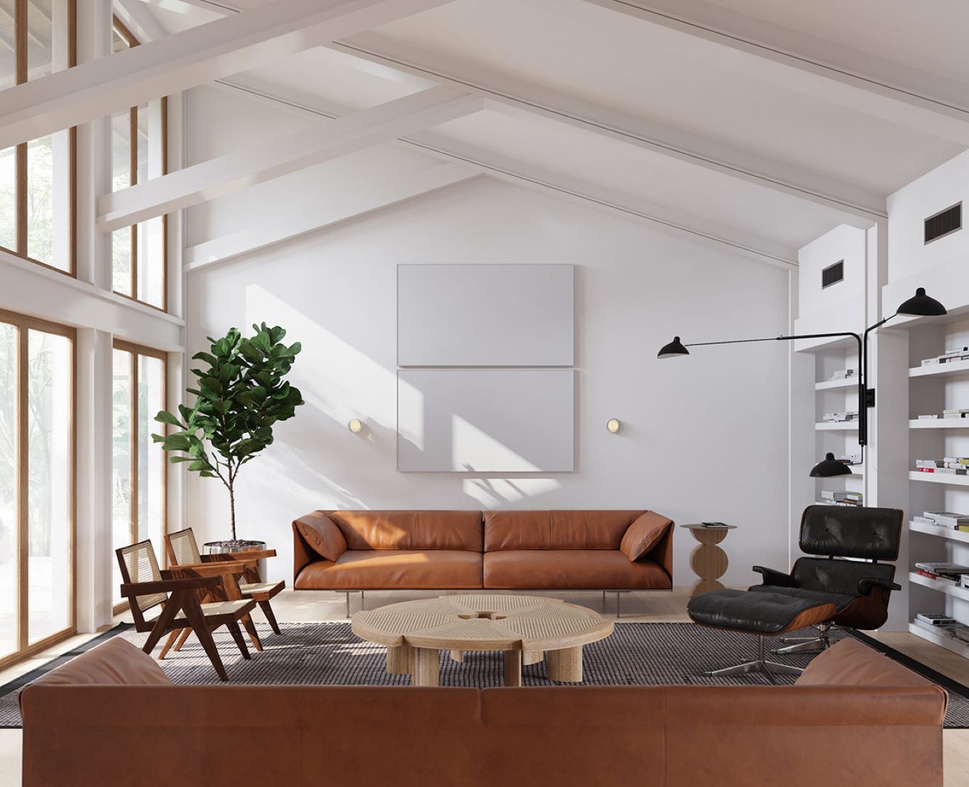 Large modern MCM living room with white walls and tan furniture matched with a gray carpet