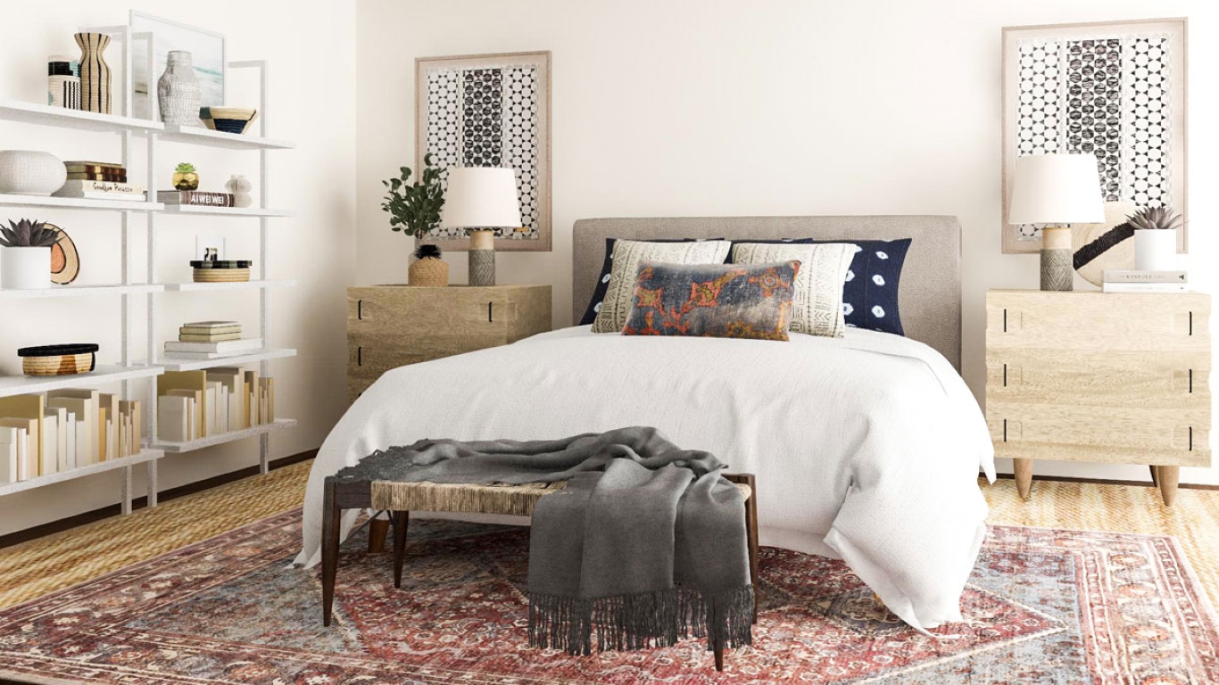 MCM and bohemian styles fusion bedroom combining MCM furniture with bohemian textures