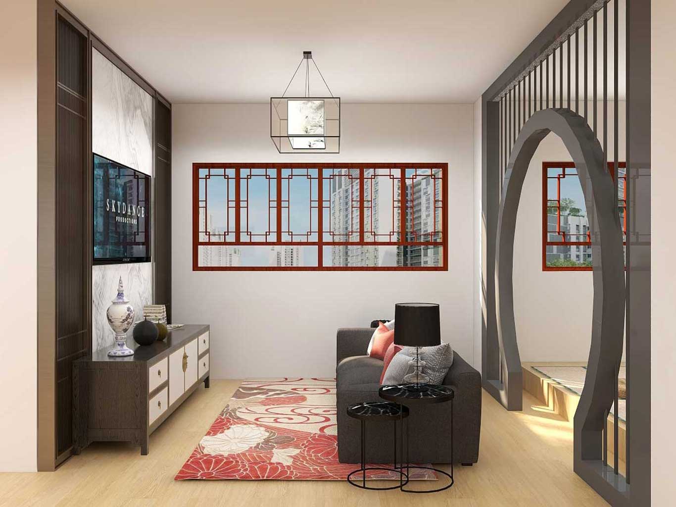  Oriental Chinese living room with latticework wall partition, chinese style windows, and lantern style light