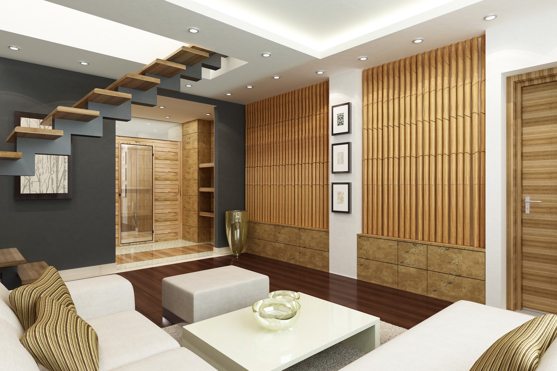 Bamboo in the form of a feature wall and sketch portrait used as decor in a living room