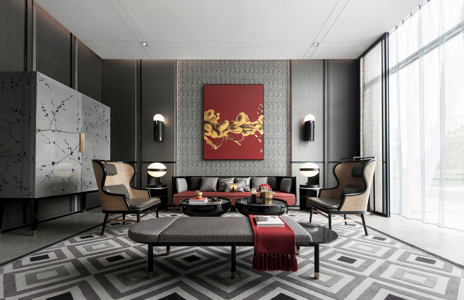 Modern Oriental Chinese living room with a gray backdrop, contemporary furniture, red accent textiles, and red portrait decor