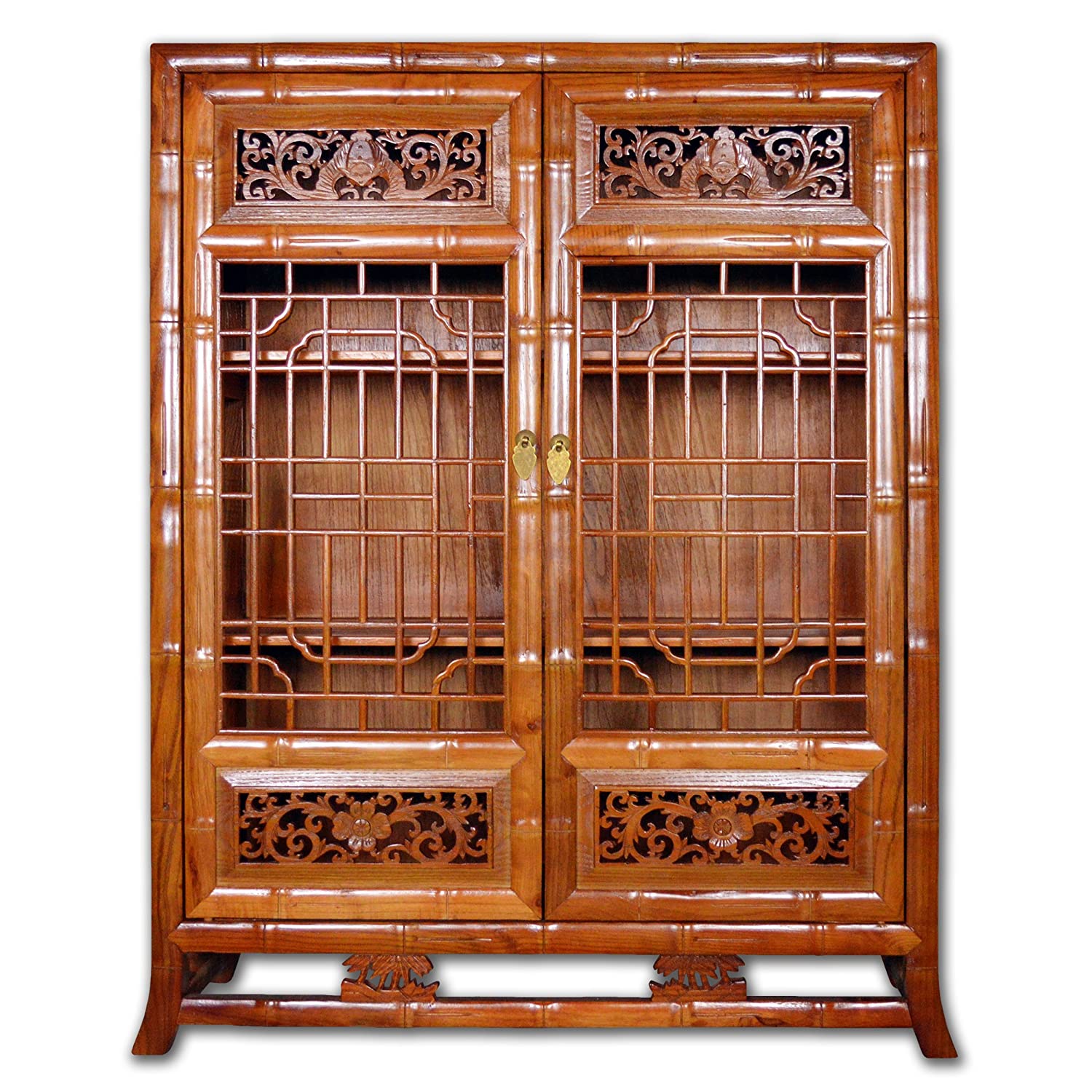 Traditional Chinese cabinet with intricate latticework on doors allowing people to view items inside