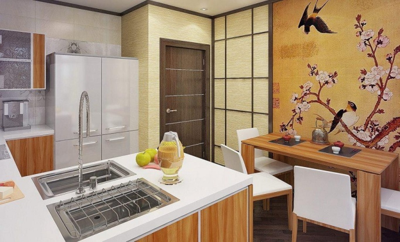 Small modern kitchen with wood finishings decorated with a large 