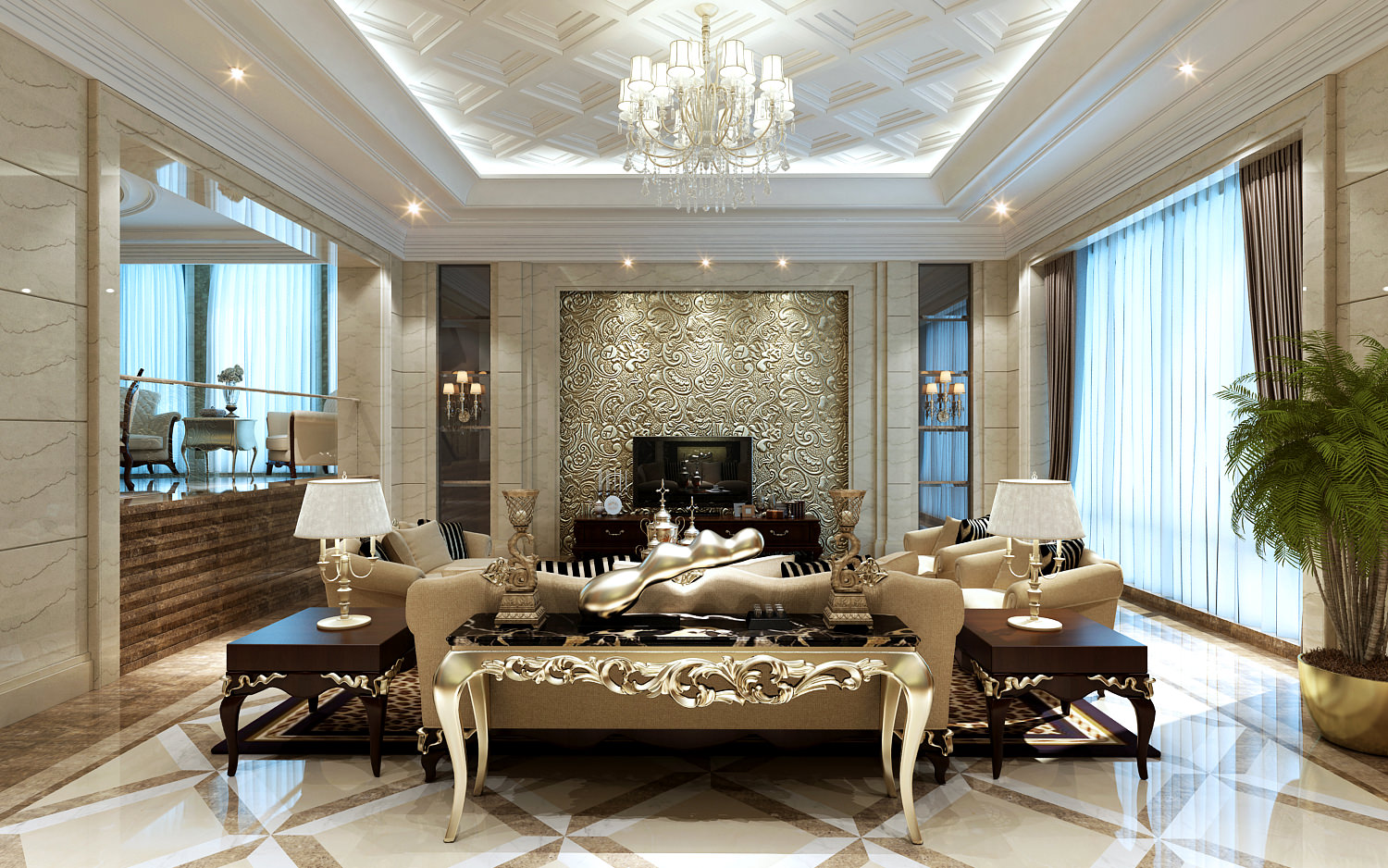 Gold color themed living room with intricate Oriental Chinese design furniture