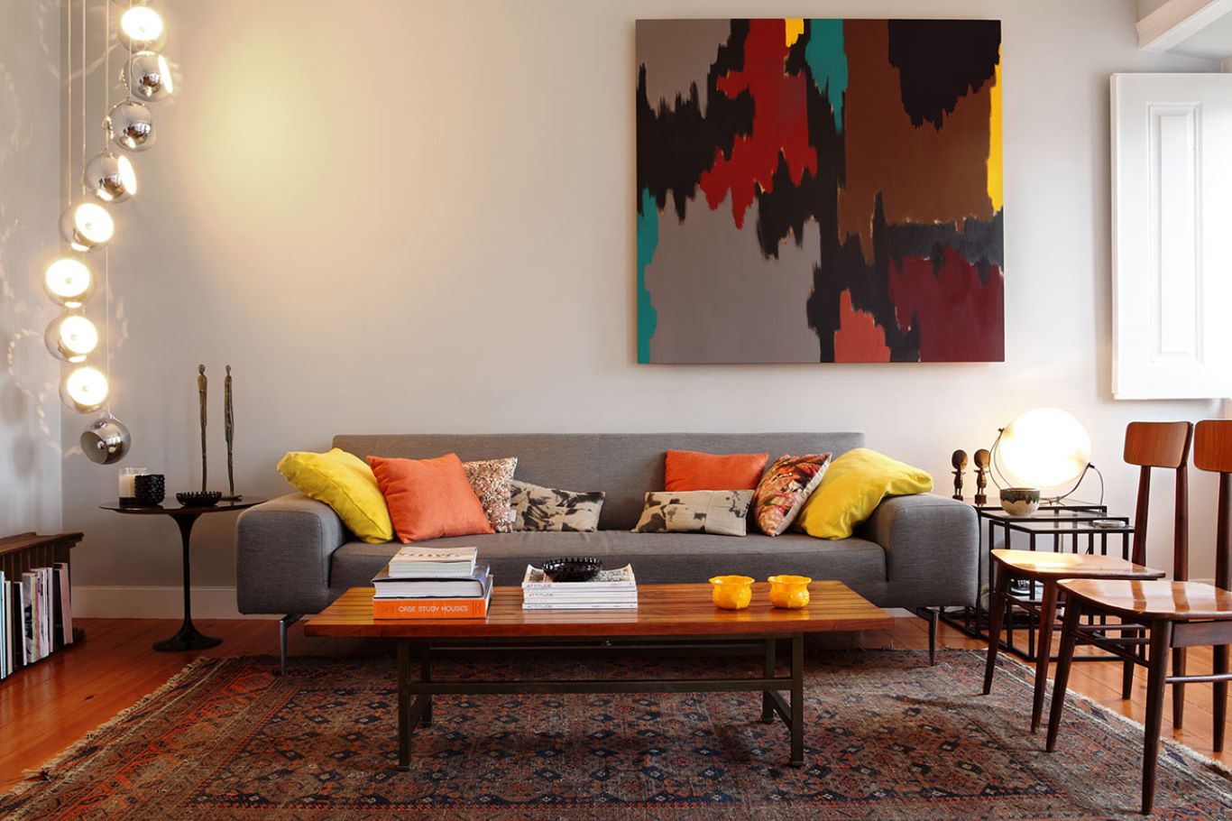 Colorful abstract decoratives in a Retro style interior