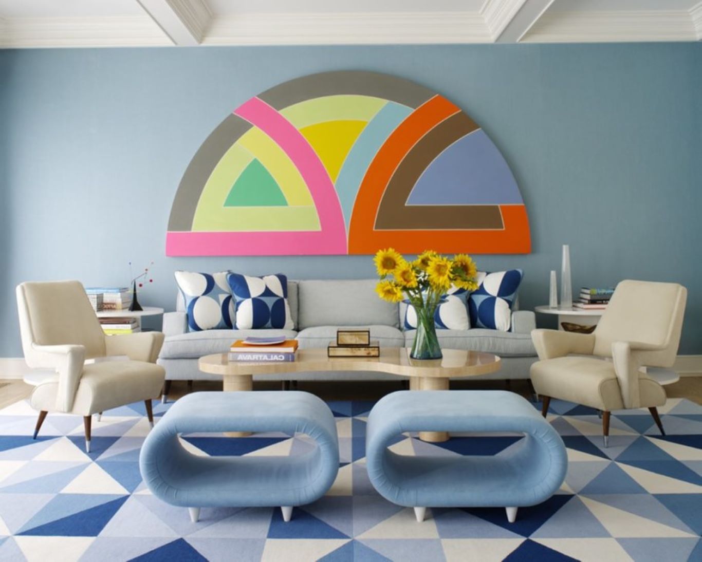 A classic Retro living room featured by colorful geometric patterns and forms