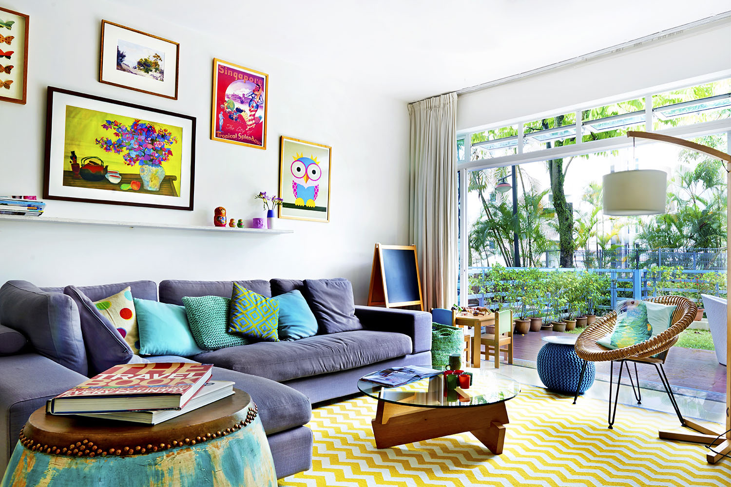 Retro living room filled with colorful and bright graphic designs or iconic symbols