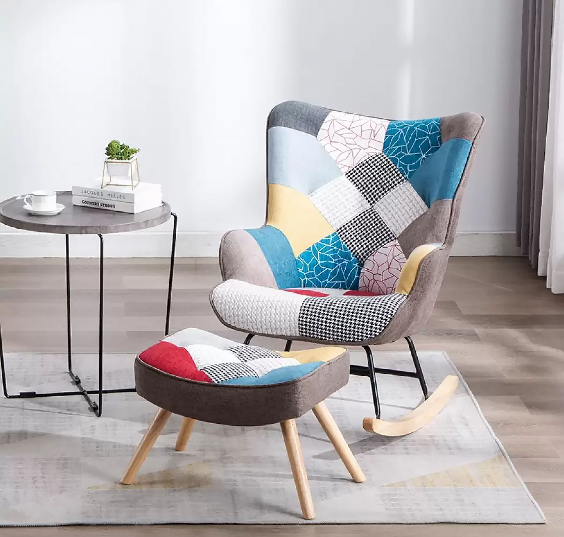 Vintage-inspired armchair made with patchwork upholstery used in Retro style interior