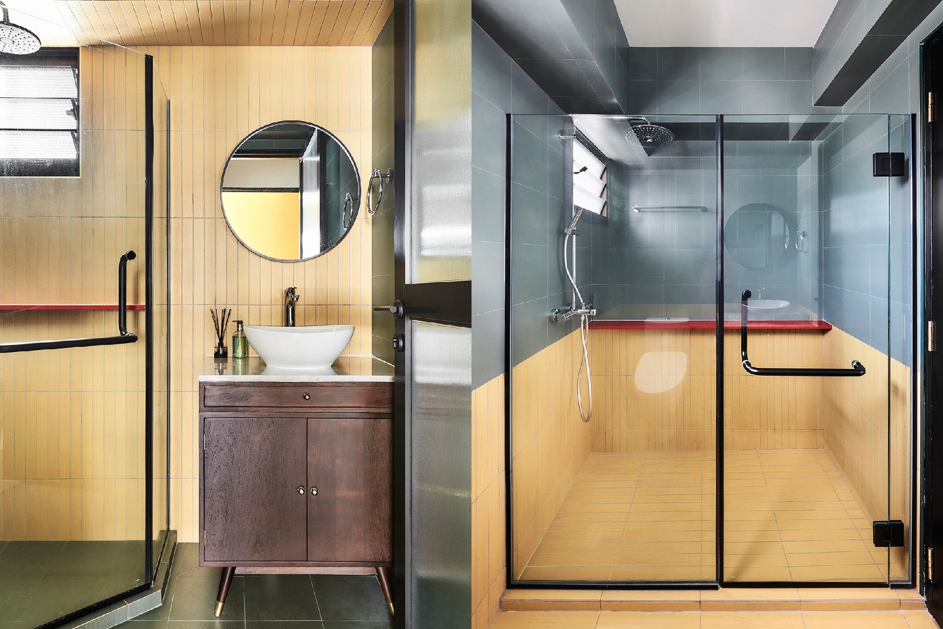 Combination of wood furniture and vibrant colored tiles in the modern Retro bathroom space