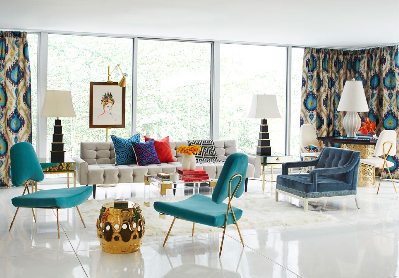 Heavily patterned curtains and cushions contrast the modern furniture in the lounge