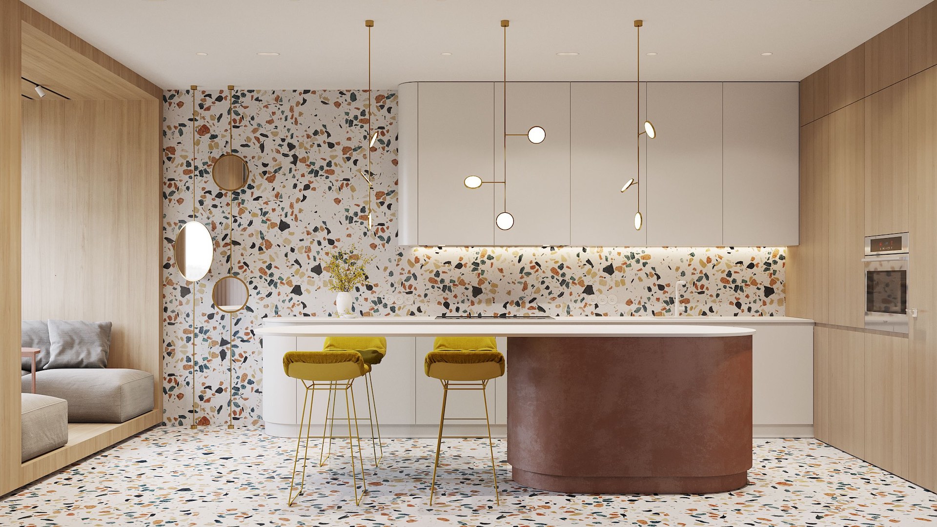 Multi-colored Terrazzo tiles draws memories of 70s Retro trends among modern furniture
