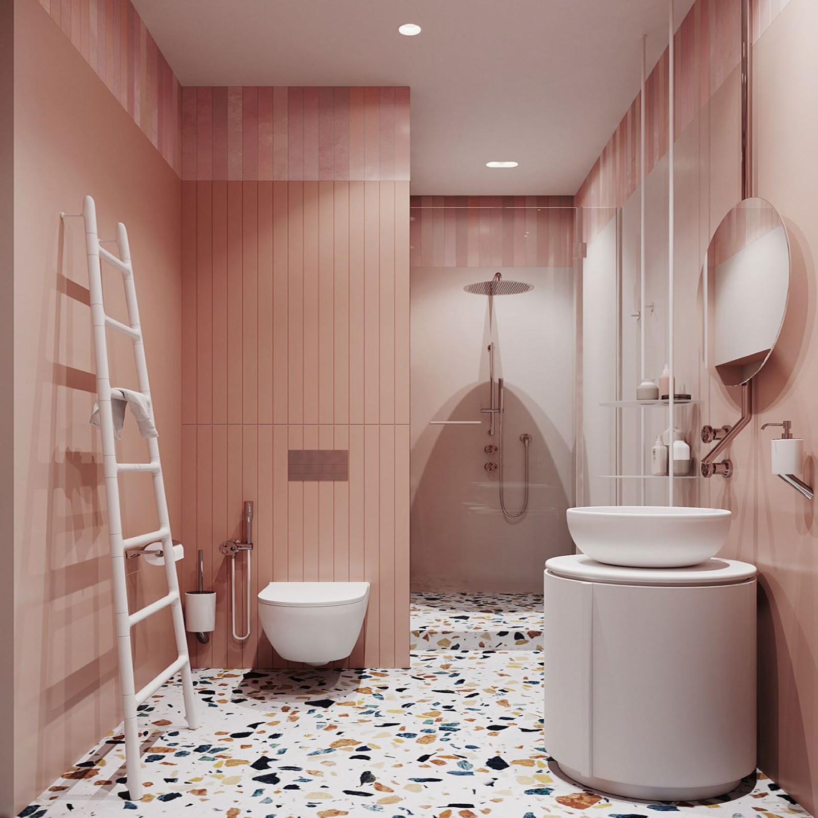 Coral pink vertical shiplap paired with Terrazzo flooring in a modernized Retro bathroom