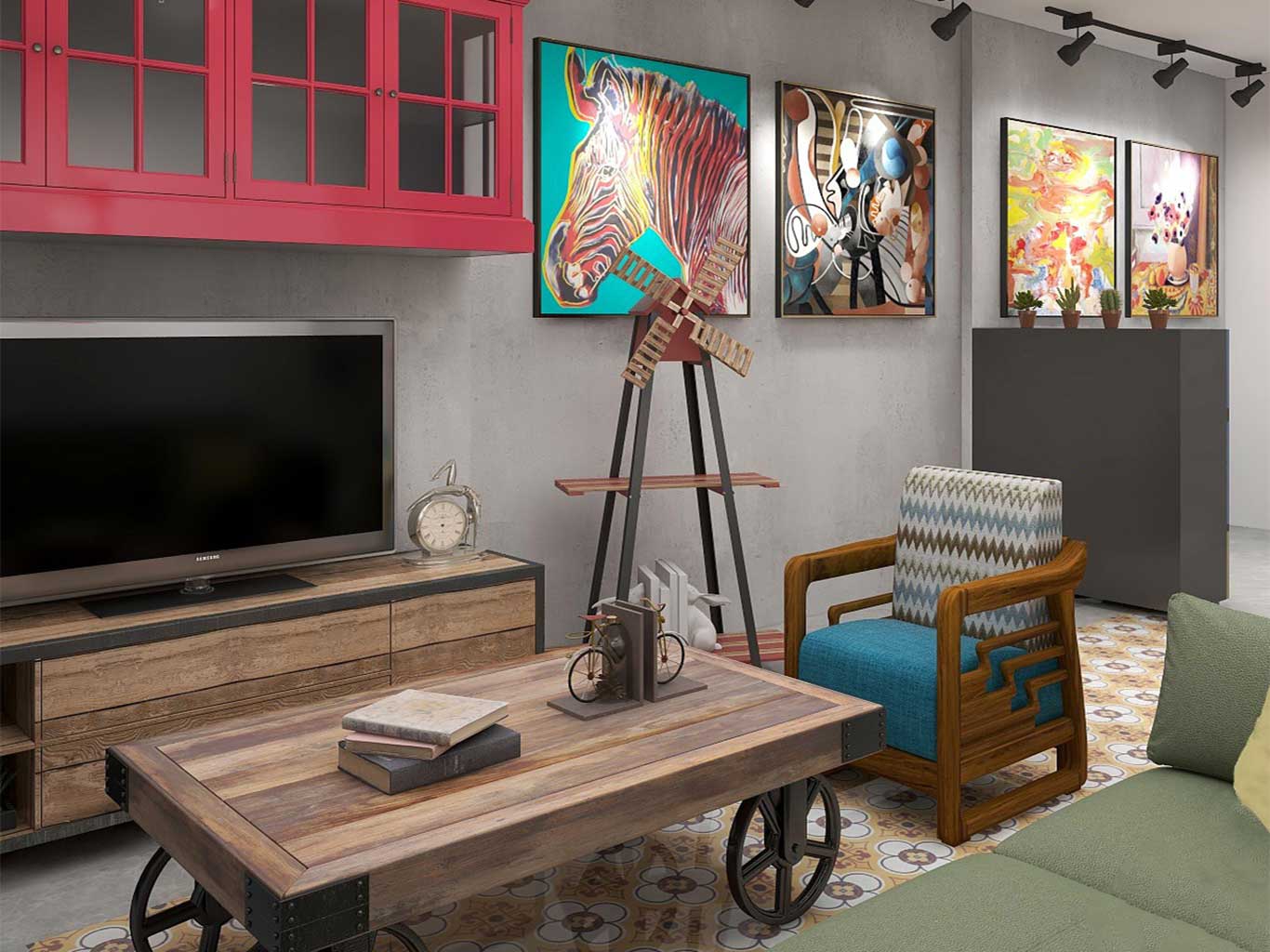 Retro colors and posters add a fun vibe to raw Industrial track lights and furniture