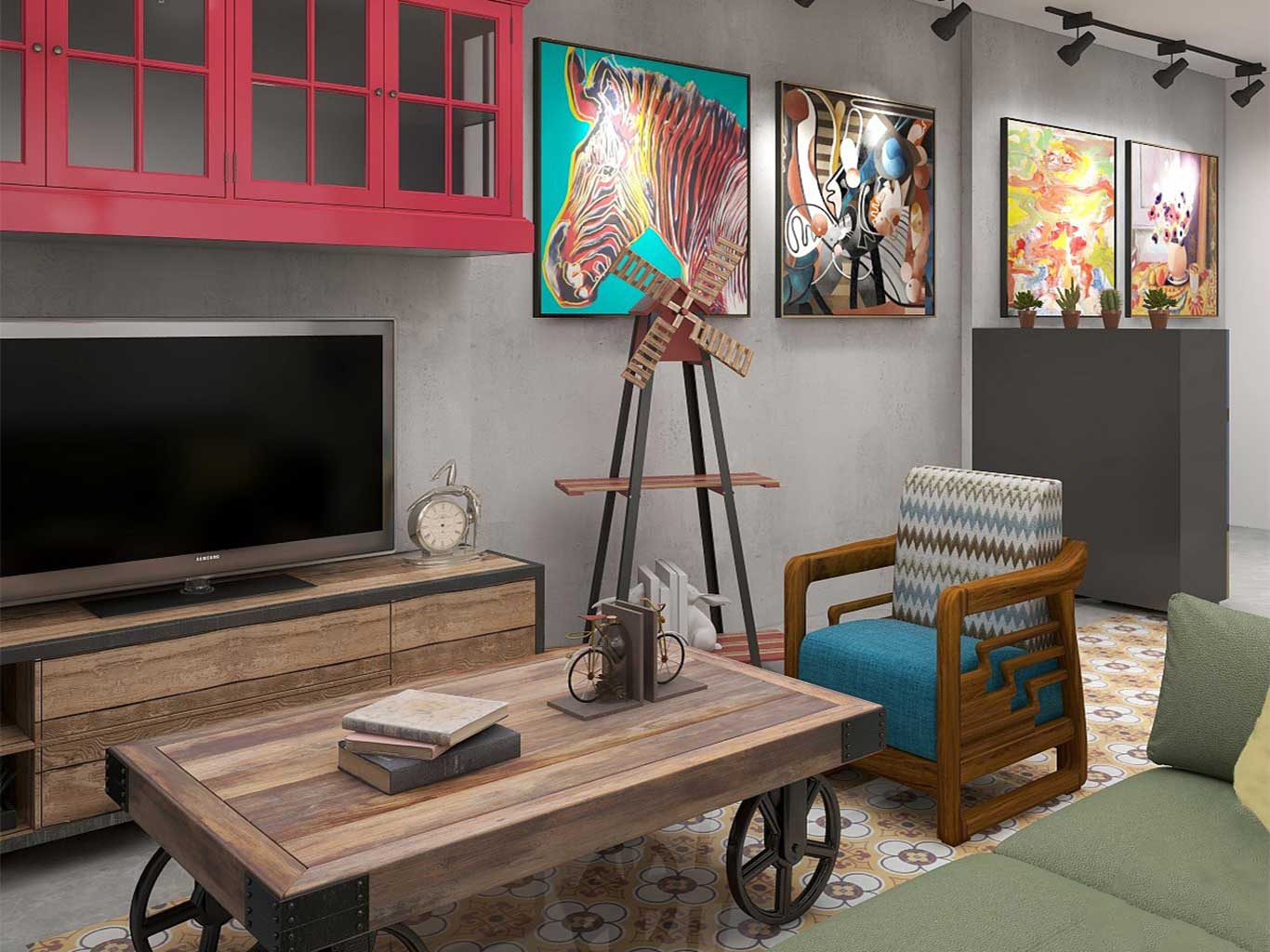 Retro colors and posters add a fun vibe to raw Industrial track lights and furniture