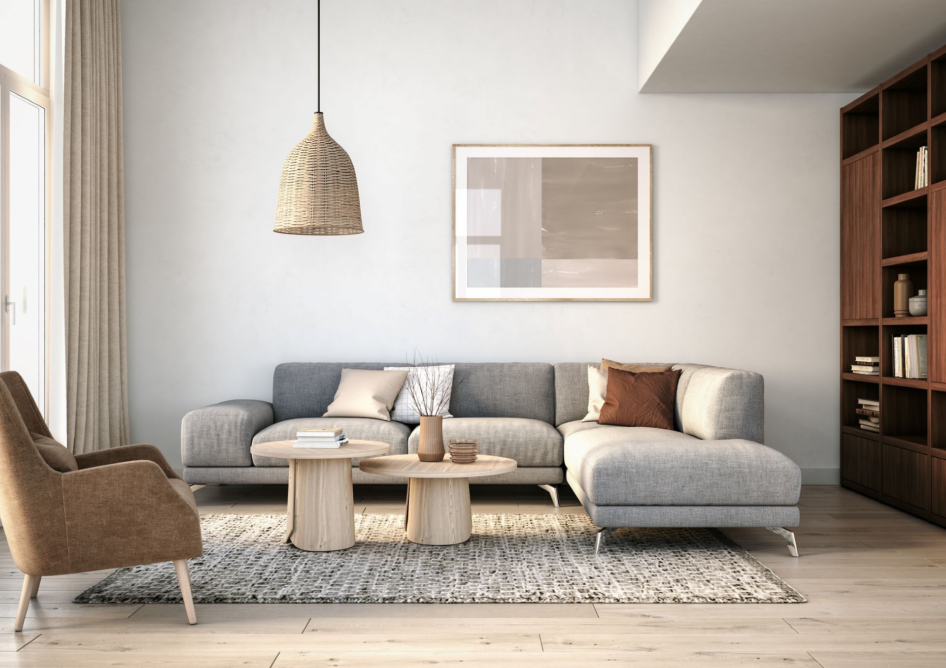 Woven rattan pendant light hung above a solid wood coffee table in the Scandinavian living space. 