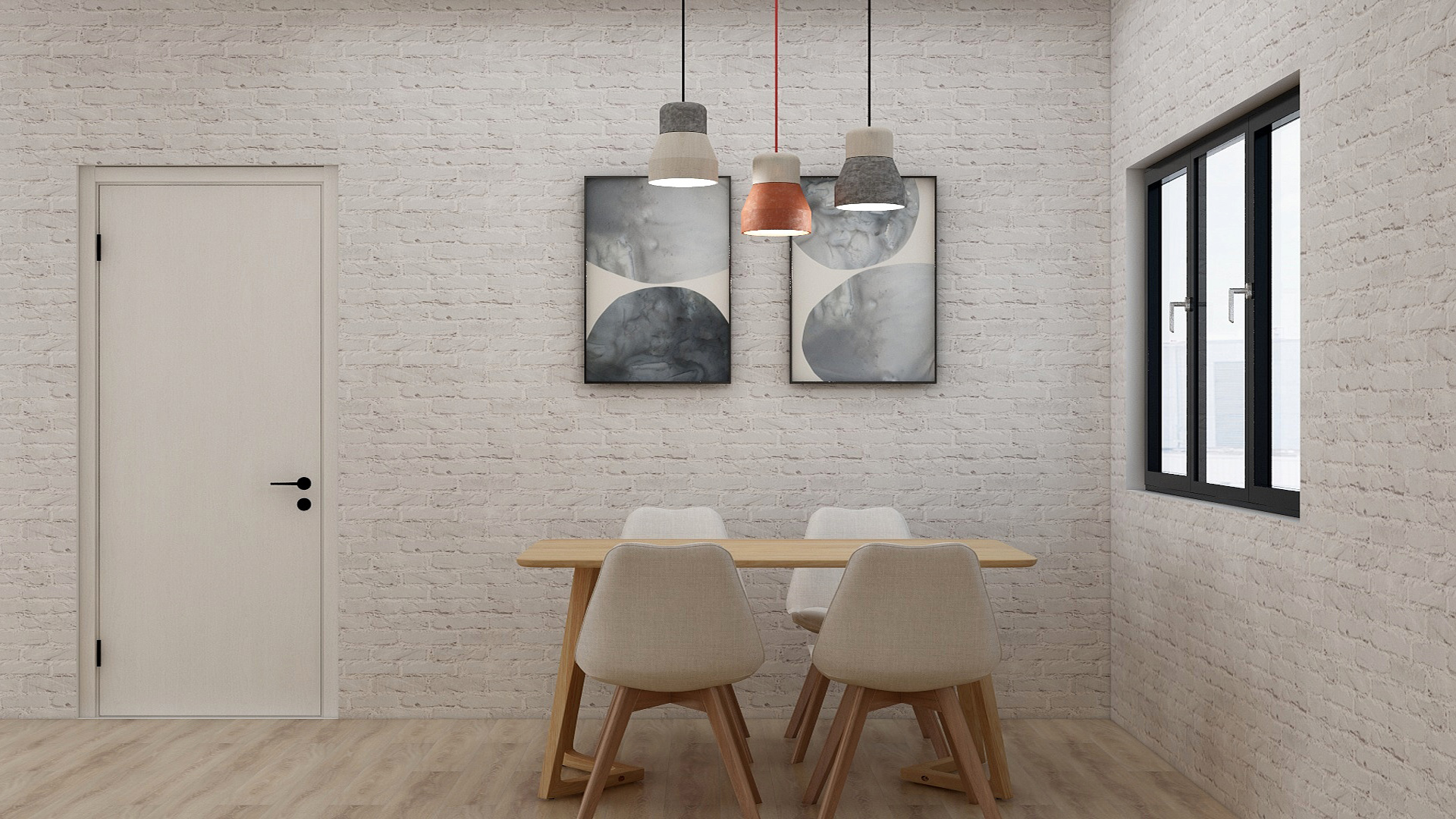 Tapered legged dining table top and chairs in natural oak wood create light and airy Scandinavian space