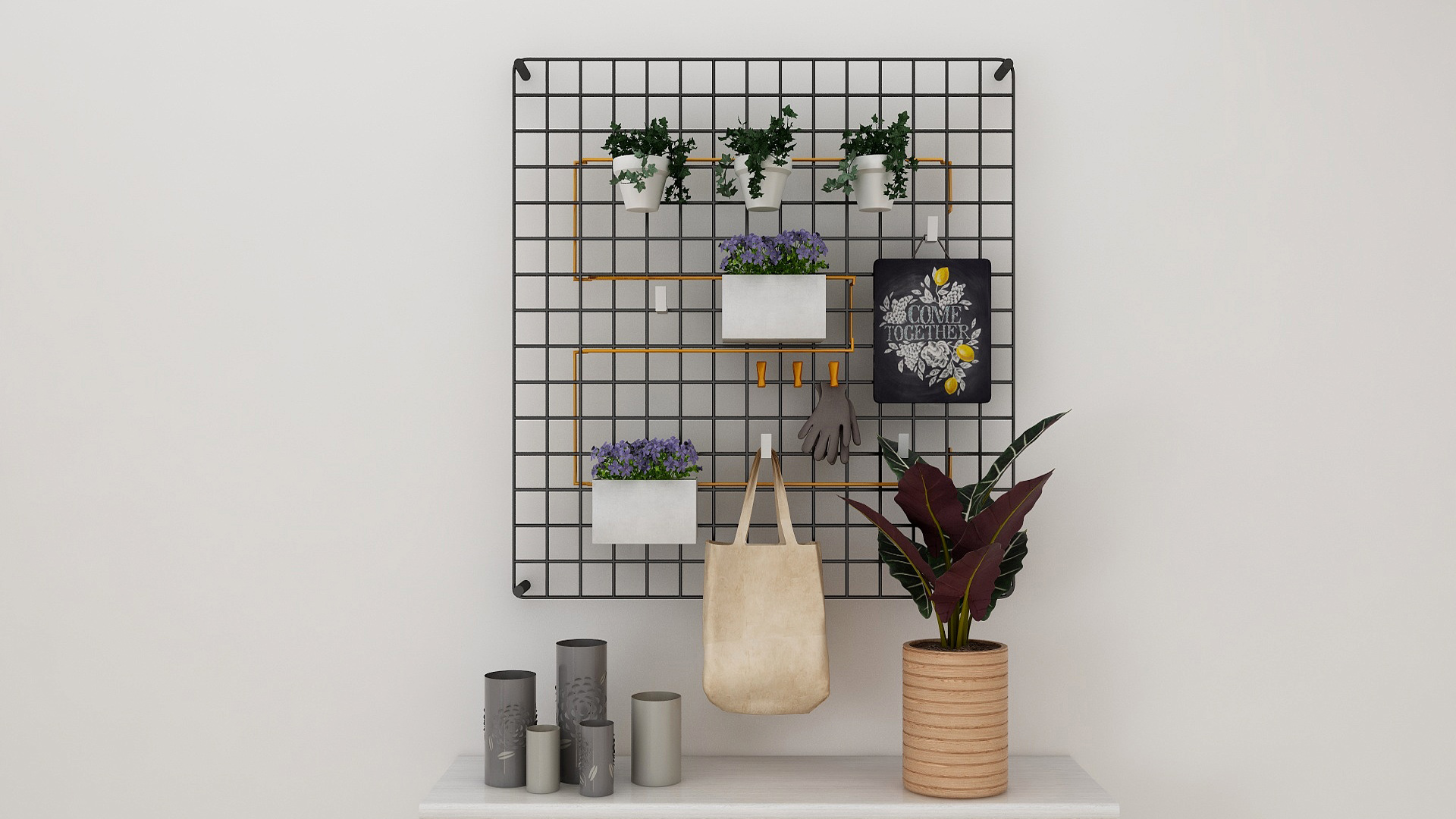 A metal mesh grid repurposed as a Nordic-inspired wall decorative with potted plants