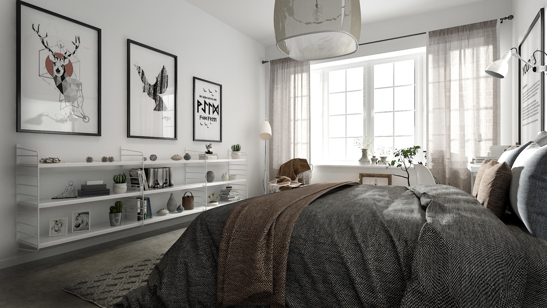 Modern marrakesh rug and warm accents in the all-white Scandinavian bedroom