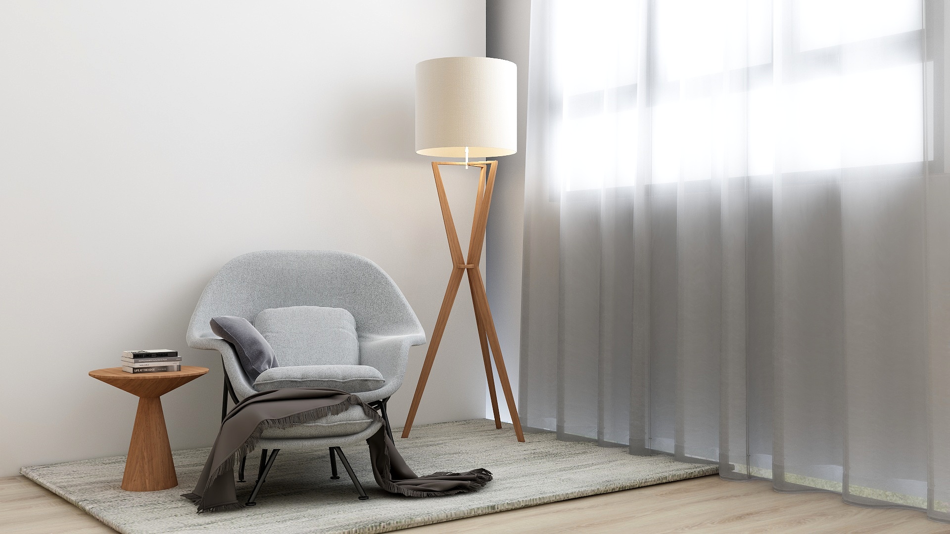 Gray textured rug and modern armchair blend with wood accents in Scandinavian bedroom corner