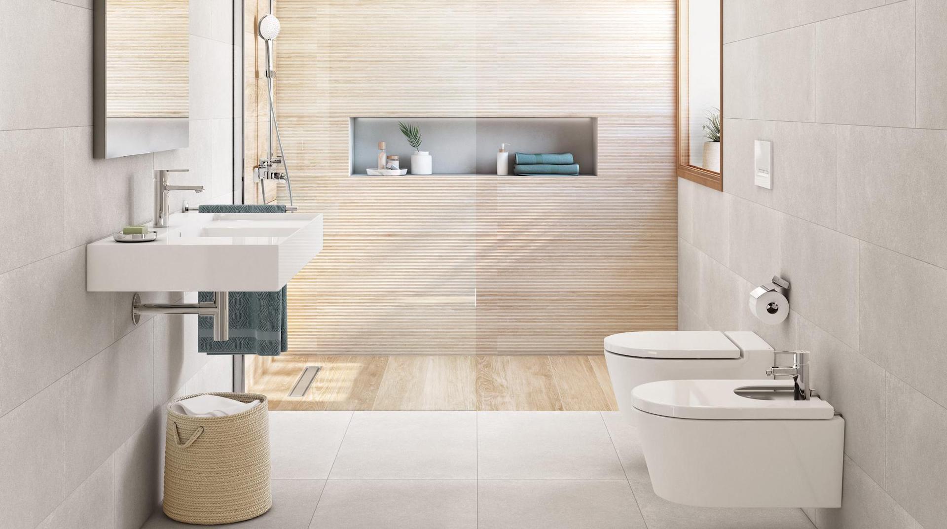 Wood finished bathroom tiles in an HDB bathroom for a Nordic home spa-inspired look