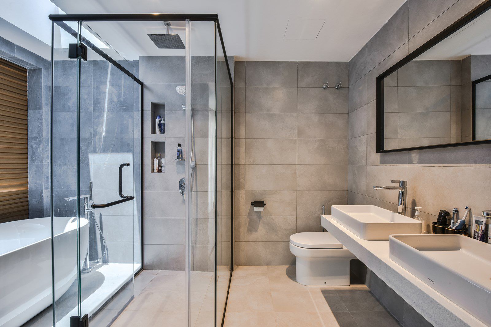 Open skylights window in a Scandinavian designed bathroom