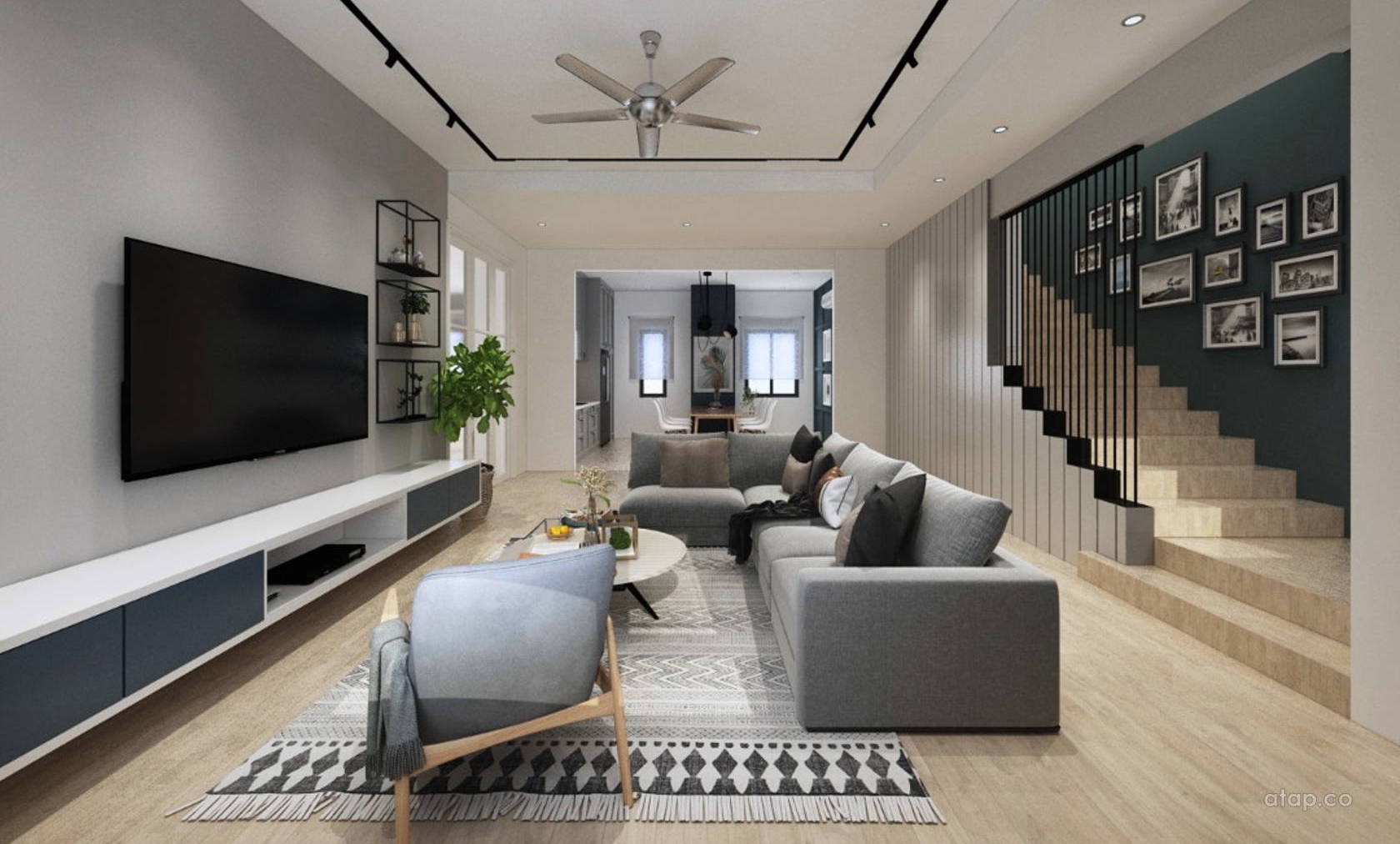 Blacks and grays accents with wood patterns lend a fuse of Contemporary and Scandinavian style