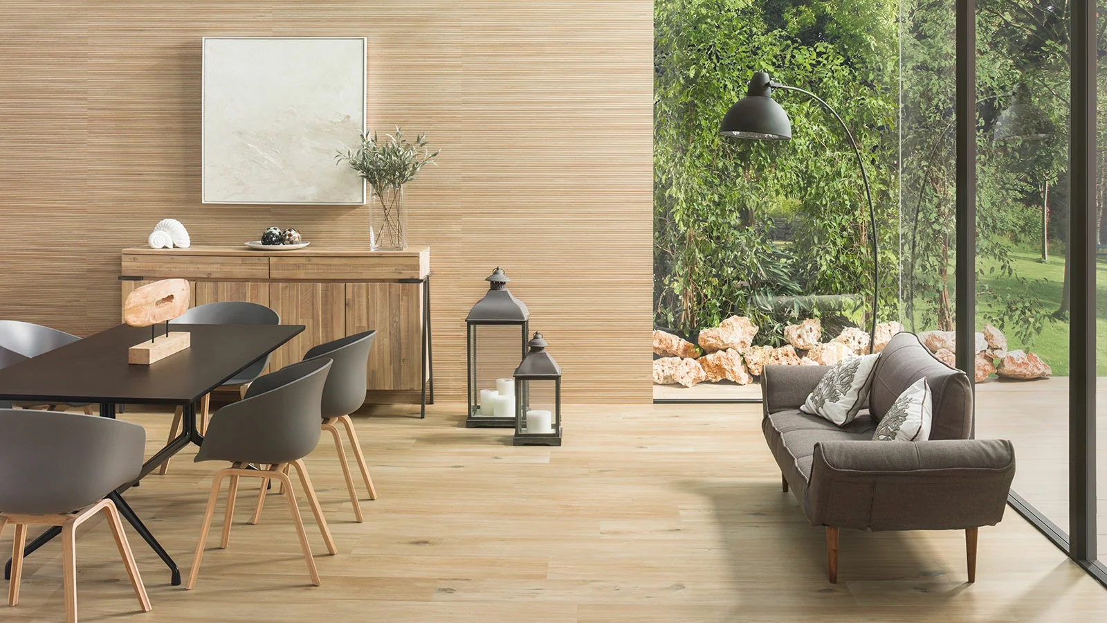 Wood-paneled walls make a great Japandi statement in this living room of a bungalow house