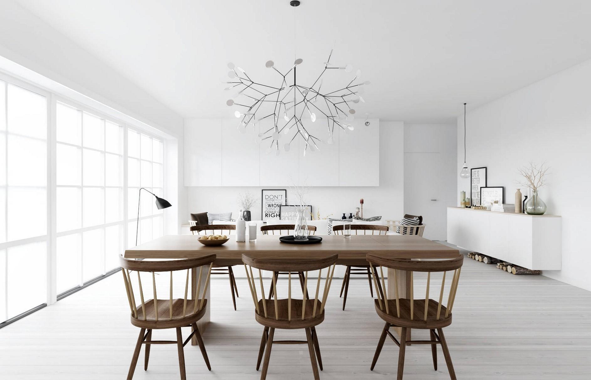 Metallic sputnik chandelier lends a rustic appeal with Scandinavian wood finishes in a living room