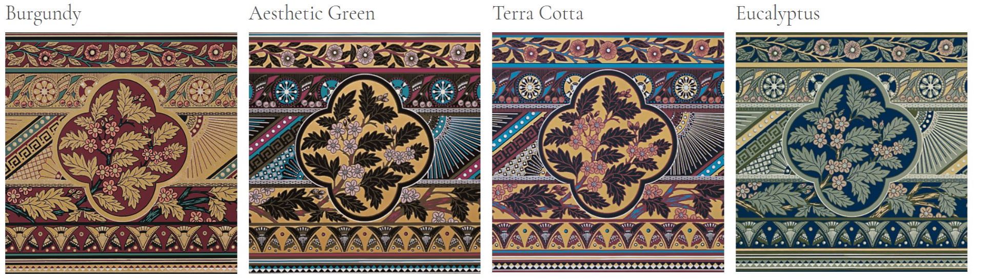 Leaf-print wallpaper motifs in burgundy, green, mint and terra cotta.