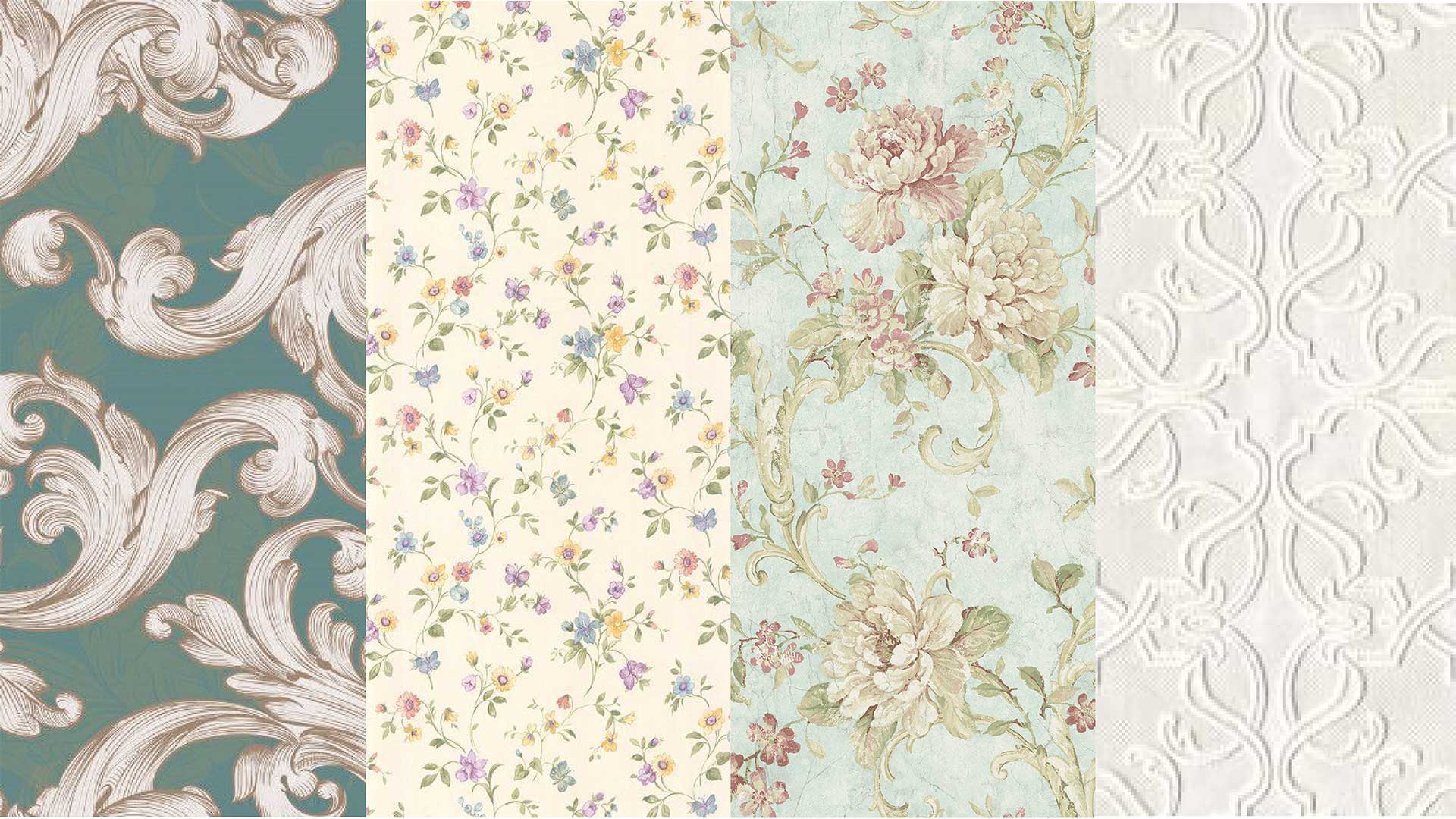 A collection of small and large floral prints in soft pastel colors.