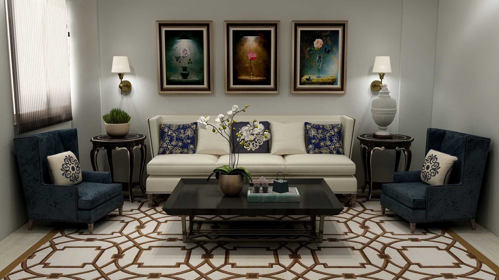 Modern Victorian living room decorated with sconce lighting, floral embroidered cushions and geometric-patterned floor rug.