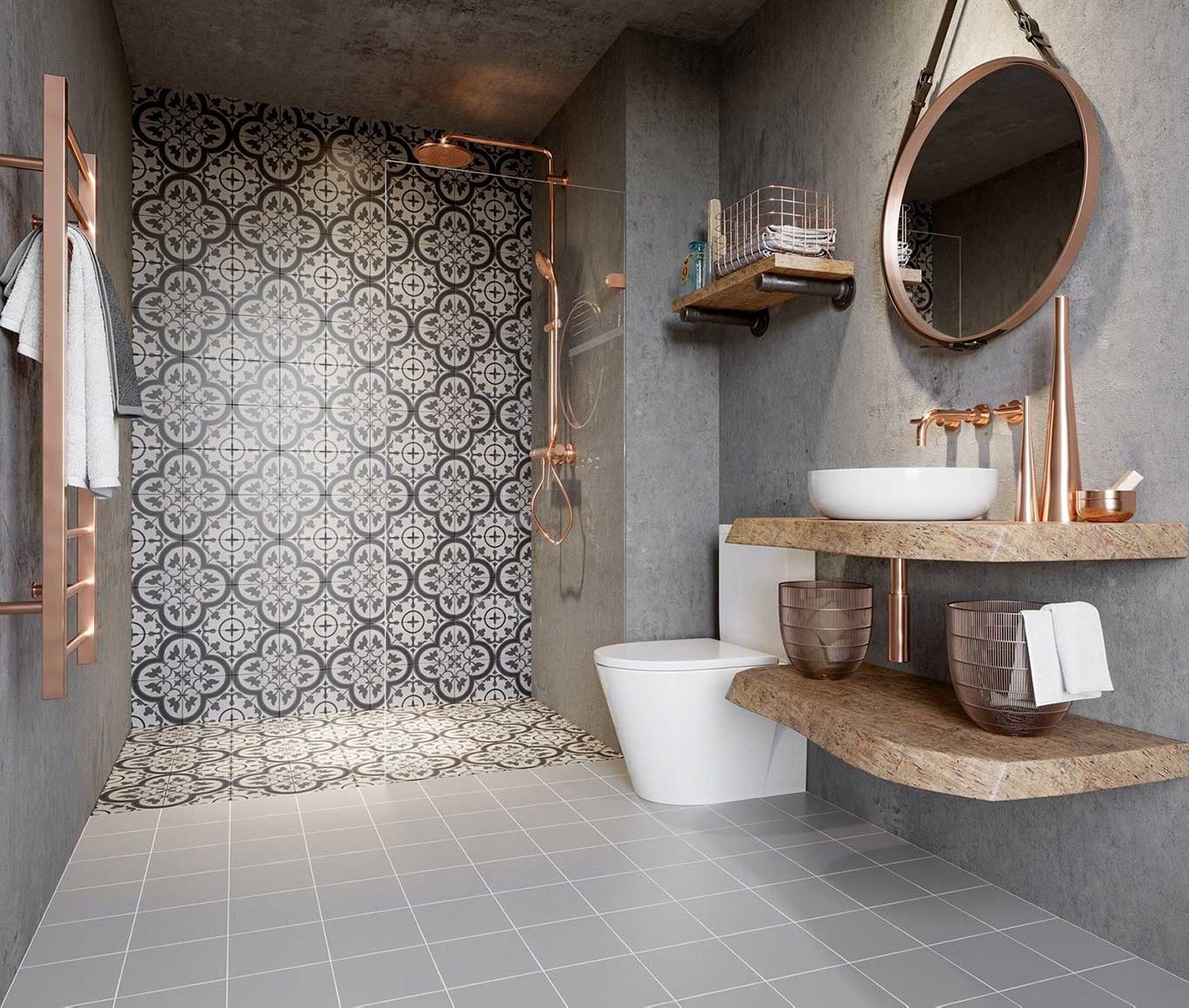 Modern Victorian grey-toned bathroom with patterned tiles at the shower area and metallic copper finishes.