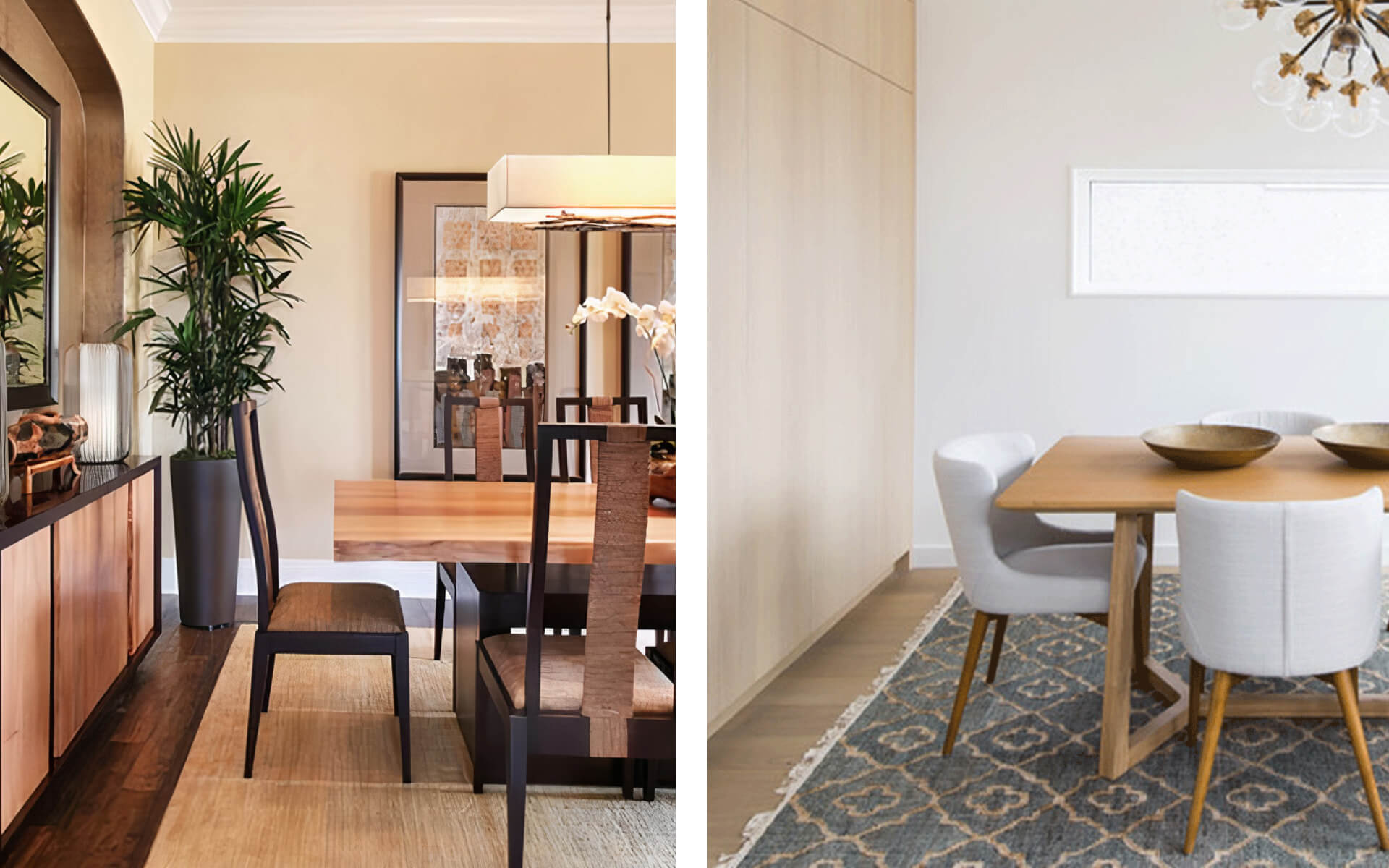 Small minimalistic chairs visually increase space in dining room compared to large oriental style chairs
