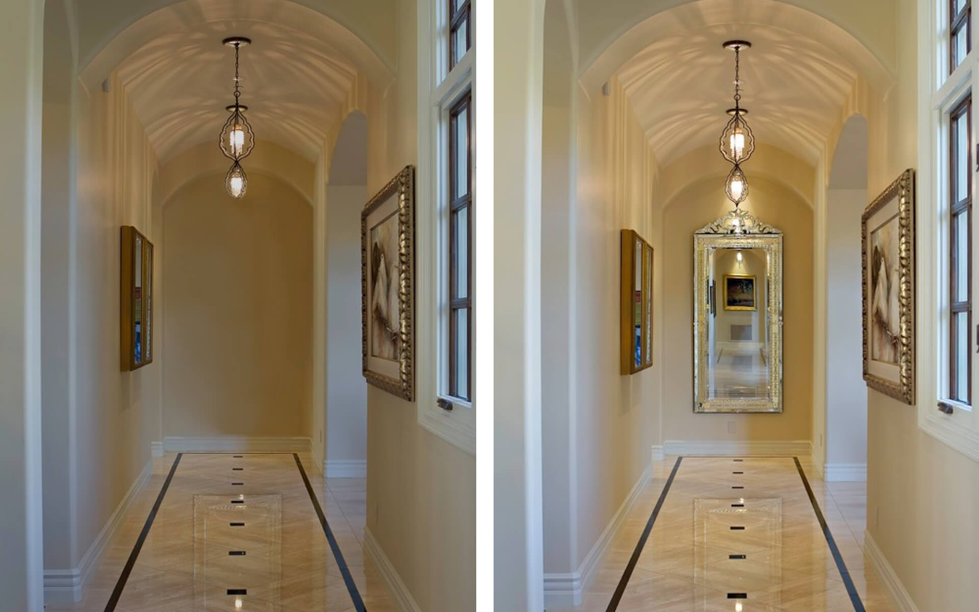 Mirrors reflect entire hallway to maximize sense of visual space in hallway
